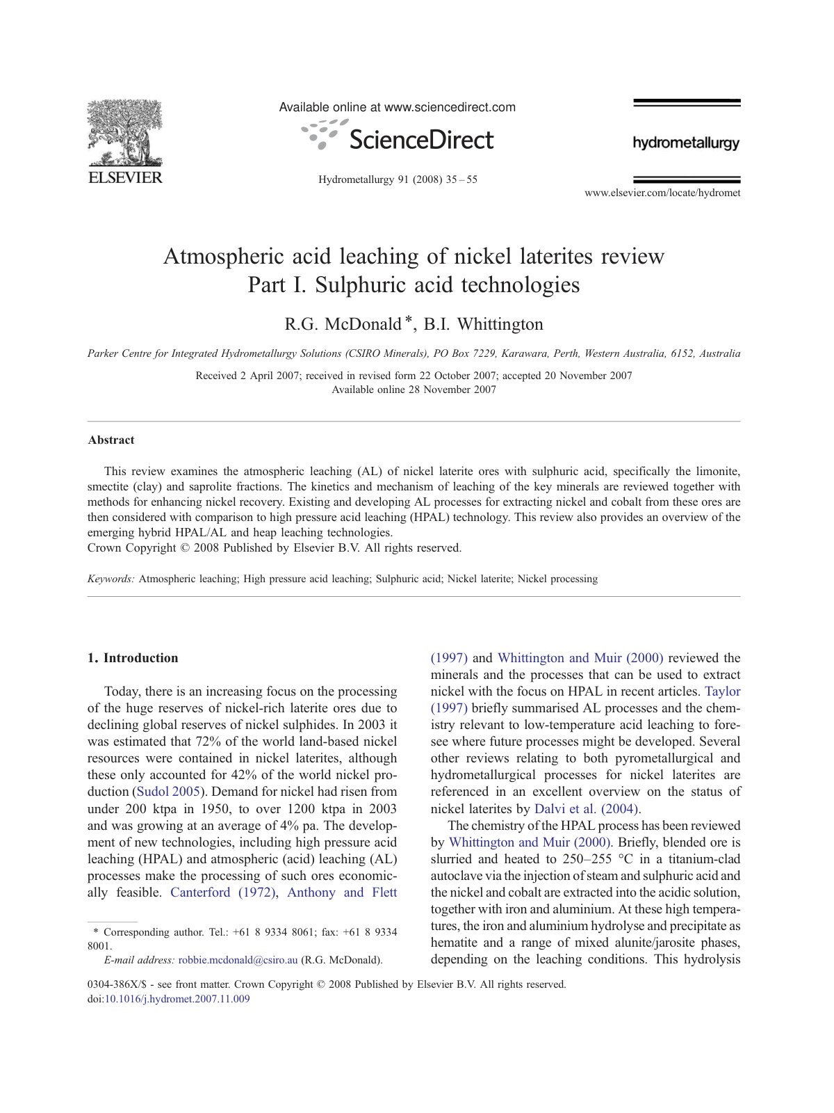 First page of Atmospheric acid leaching of nickel laterites review Part I. Sulphuric acid technologies