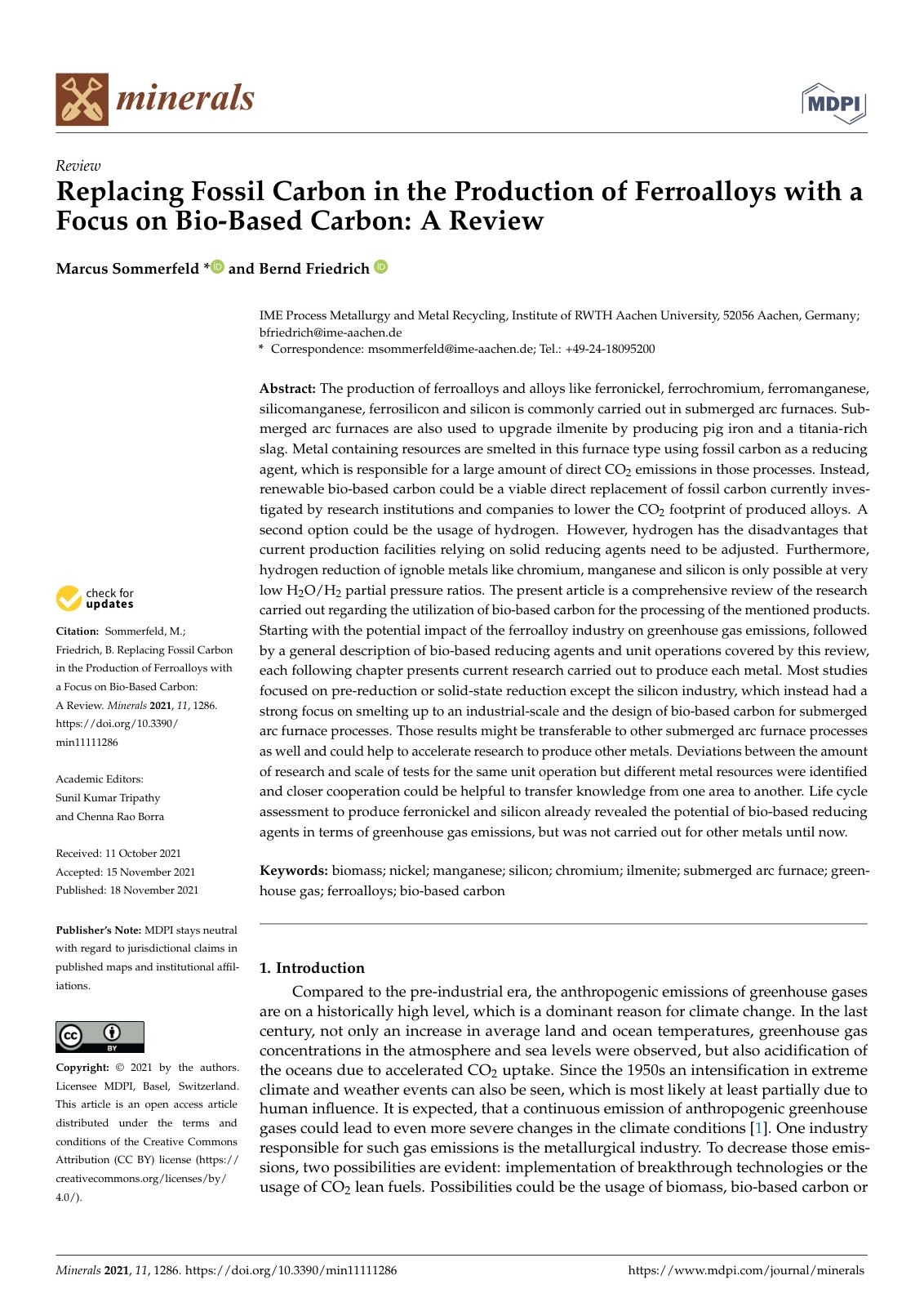 First page of Replacing Fossil Carbon in the Production of Ferroalloys with a Focus on Bio-Based Carbon: A Review