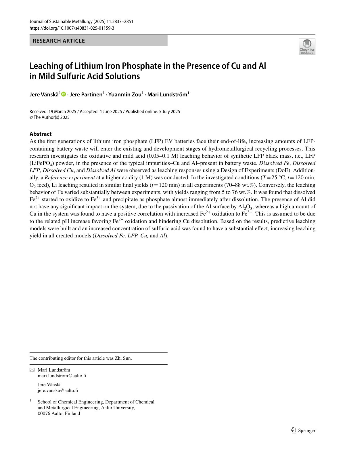First page of 2025   Vanska   LFP Leaching with Copper and Aluminum Impurities