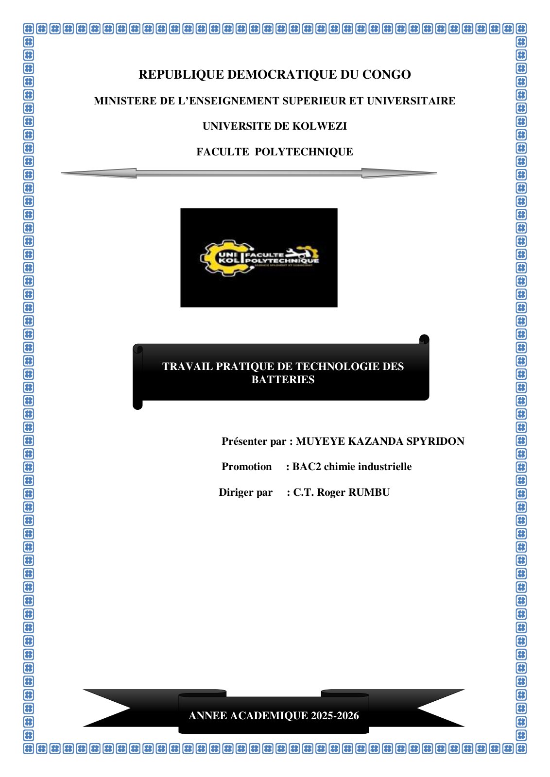 First page of Travail Pratique de Technologie des Batteries