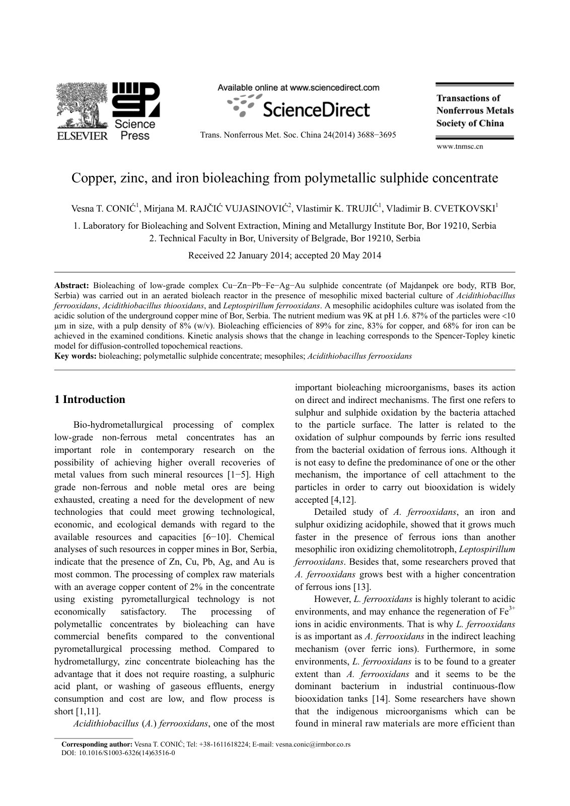 First page of Copper, zinc, and iron bioleaching from polymetallic sulphide concentrate