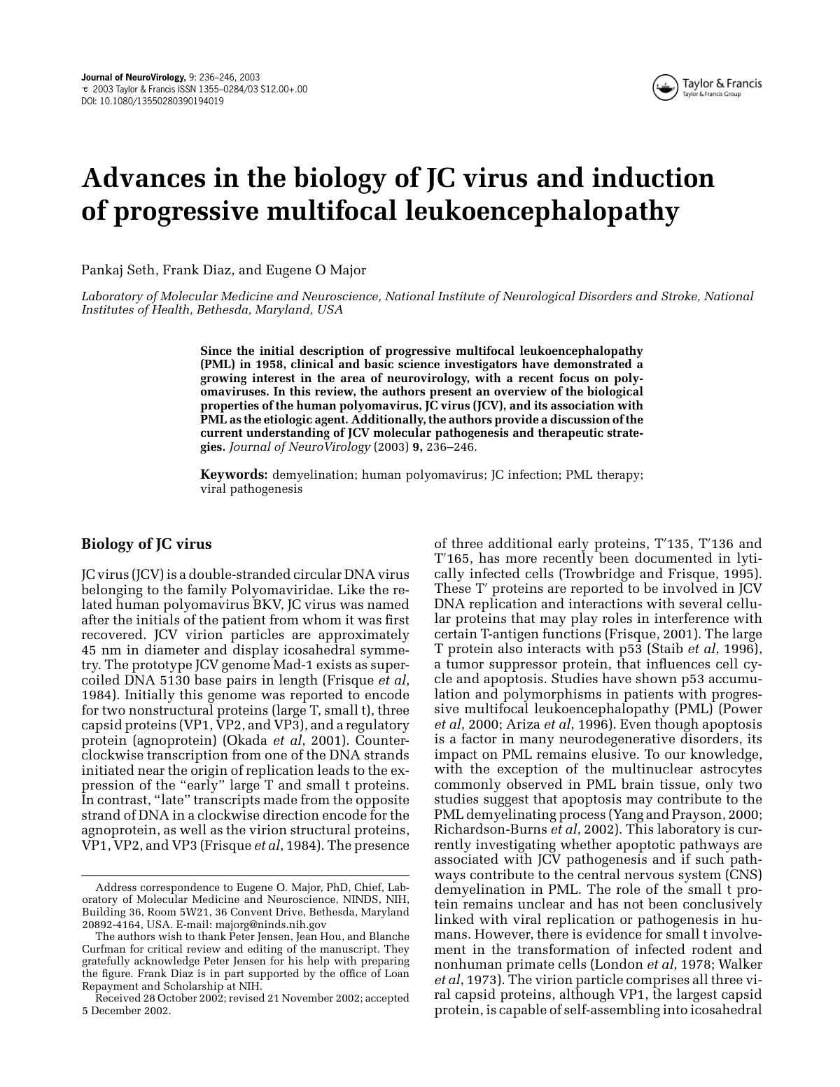 First page of Advances in the Biology of JC Virus and