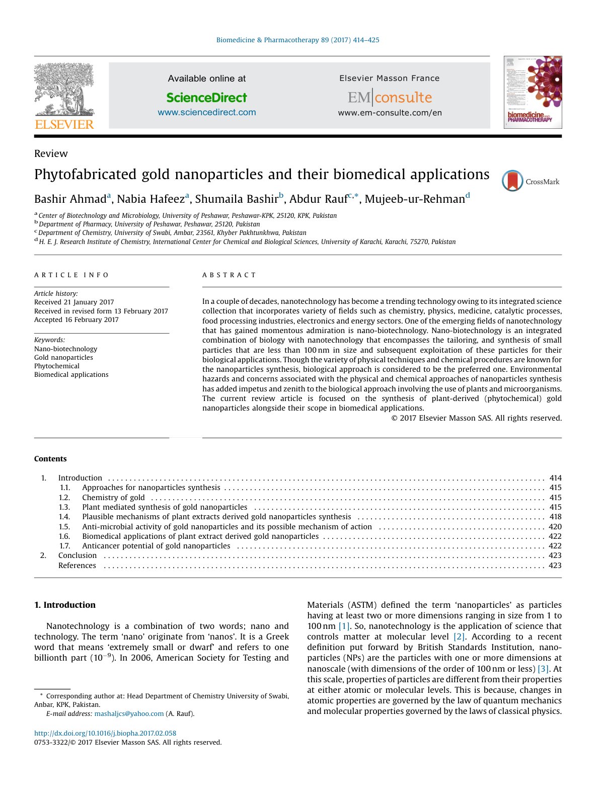 First page of Phytofabricated gold nanoparticles and t