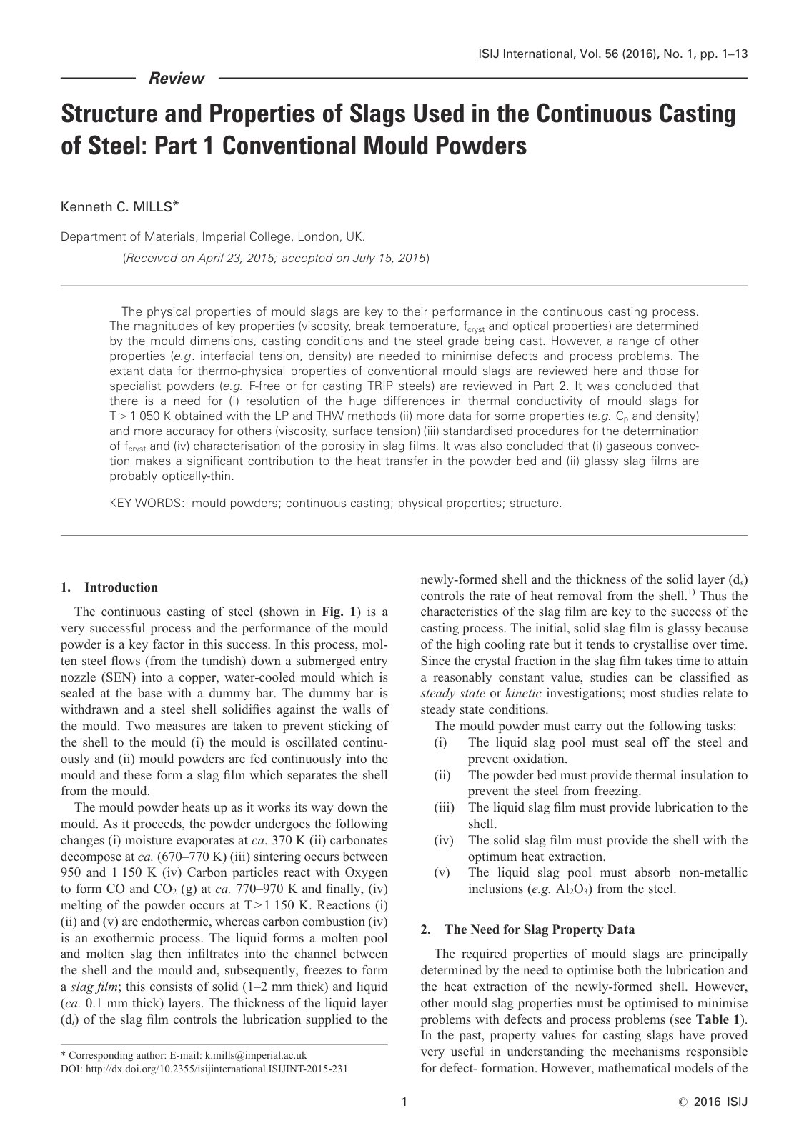 First page of Structure and Properties of Slags Used in the Continuous Casting of Steel: Part 1 Conventional Mould Powders