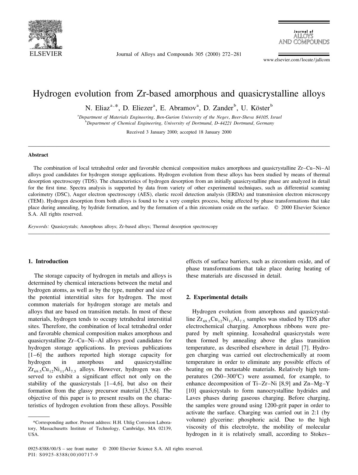 First page of Hydrogen evolution from Zr based amorpho