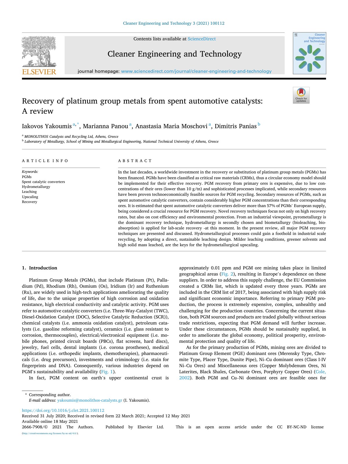 First page of Recovery of platinum group metals from s