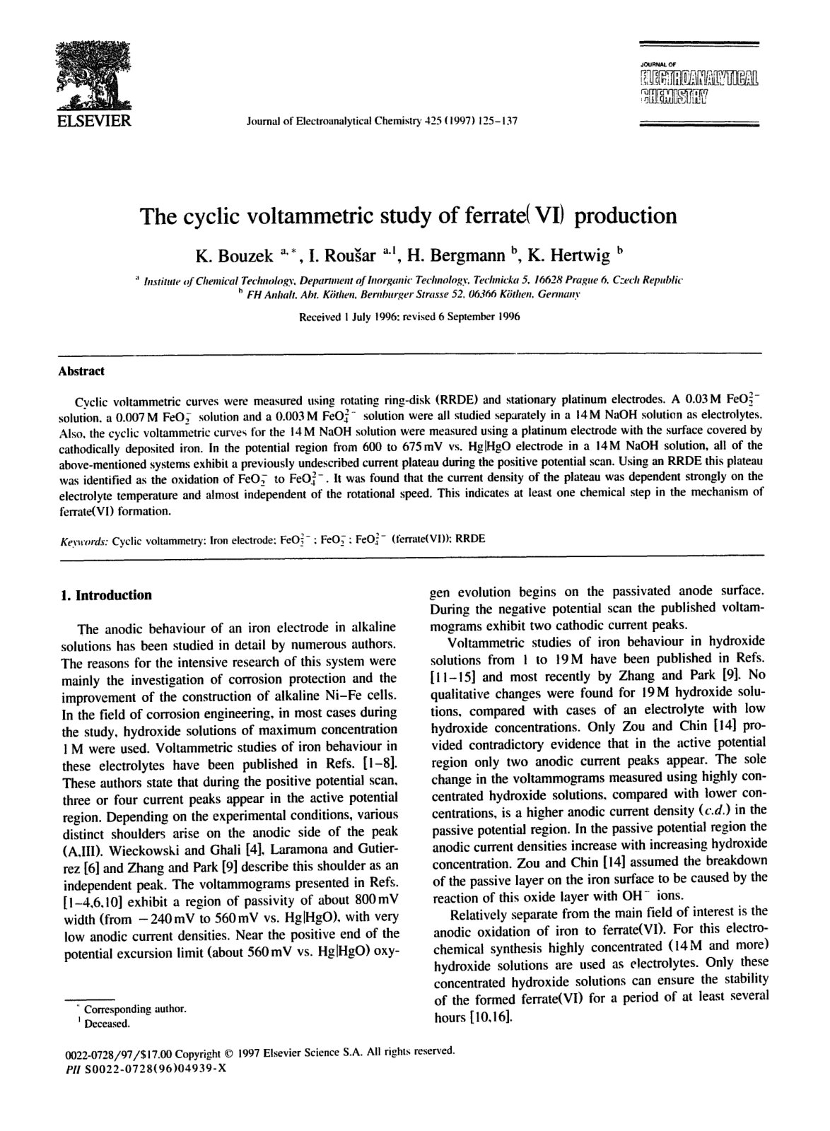 First page of The cyclic voltammetric study of ferrate(VI) production