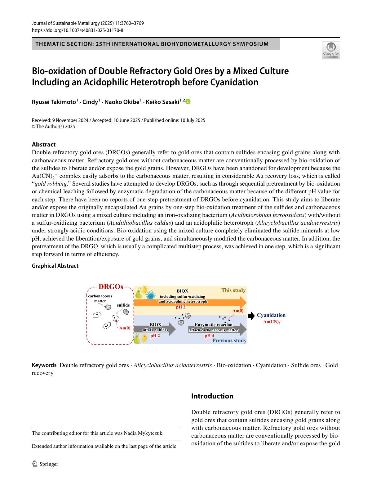 First page of Bio‑oxidation of Double Refractory Gold Ores by a Mixed Culture Including an Acidophilic Heterotroph before Cyanidation