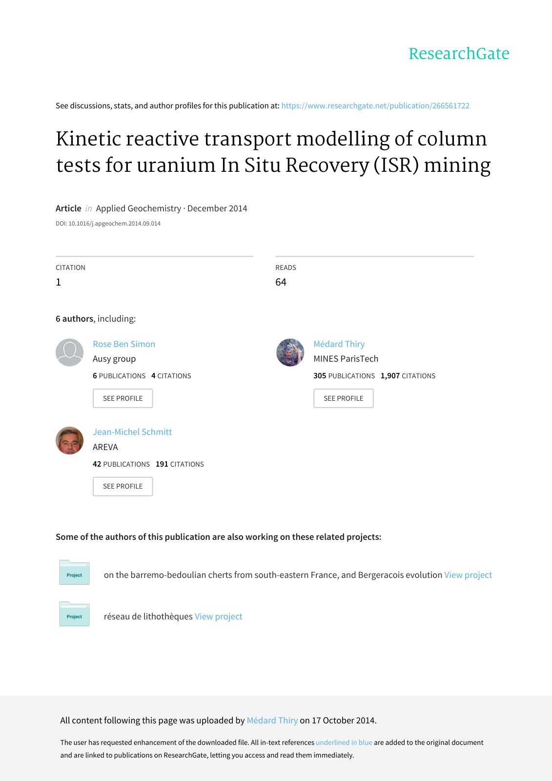 First page of Kinetic reactive transport modelling of column tests for uranium In Situ Recovery (ISR) mining