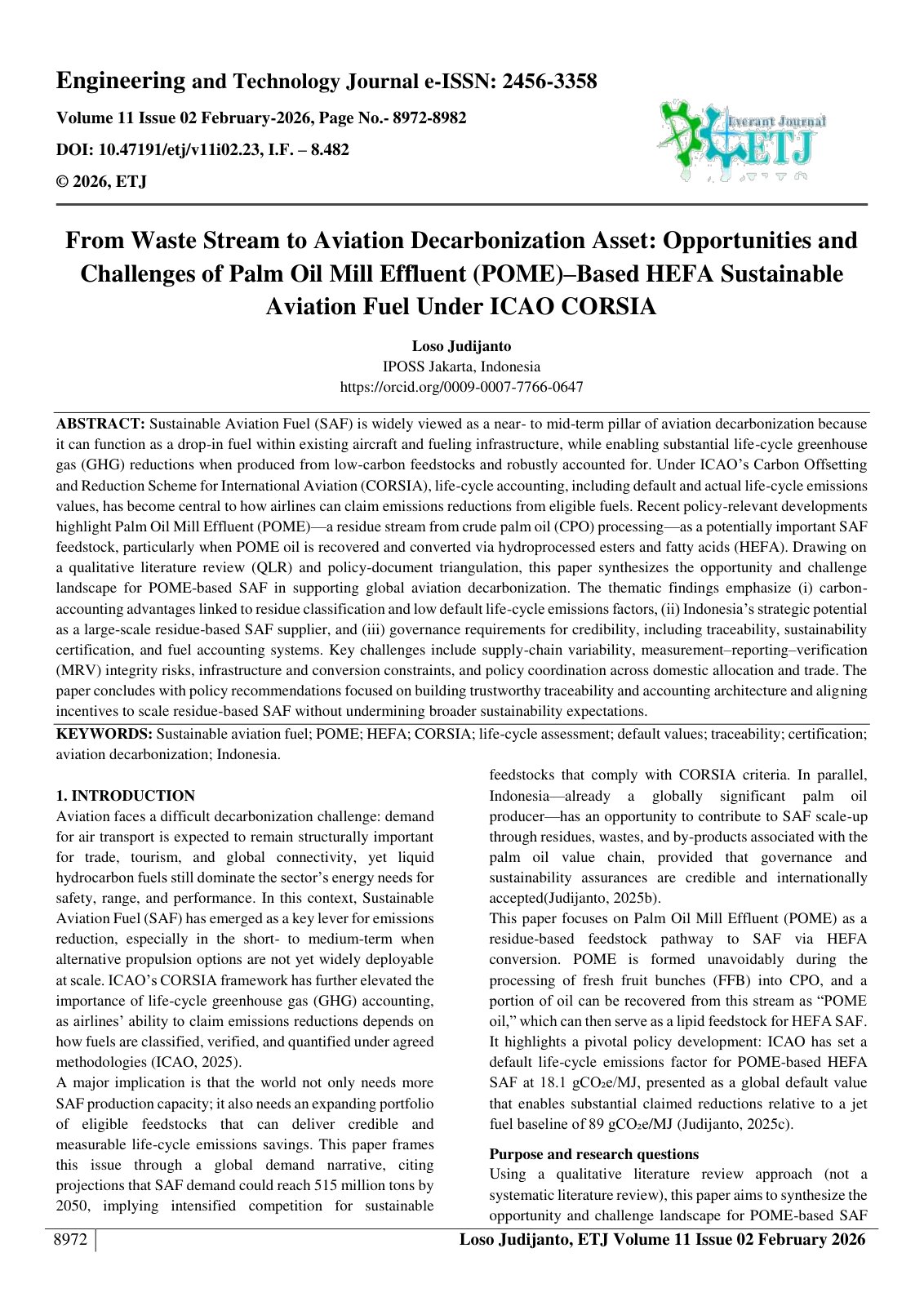 First page of From Waste Stream to Aviation Decarbonization Asset: Opportunities and  Challenges of Palm Oil Mill Effluent (POME)–Based HEFA Sustainable  Aviation Fuel Under ICAO CORSIA