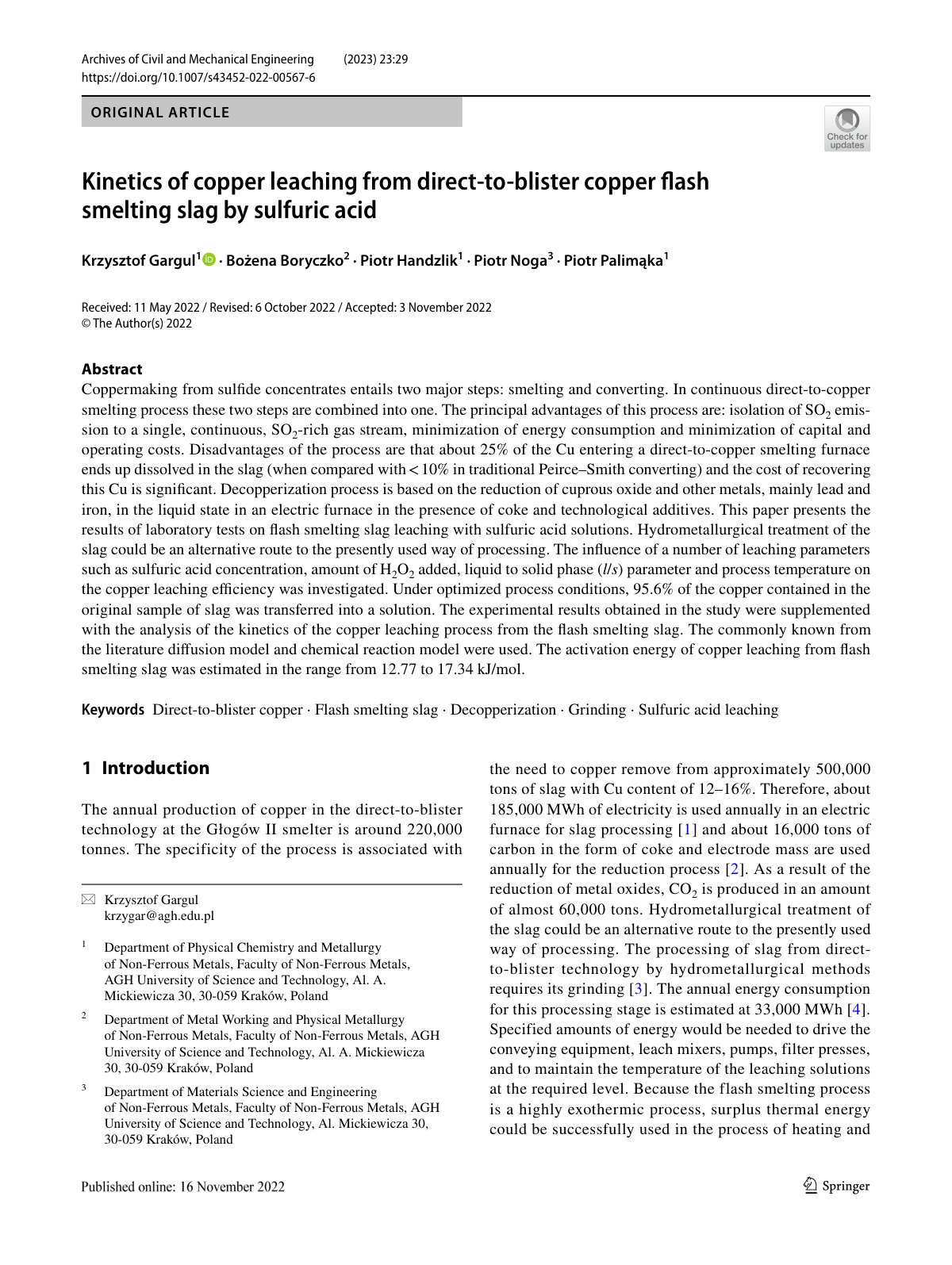 First page of Kinetics of copper leaching from direct