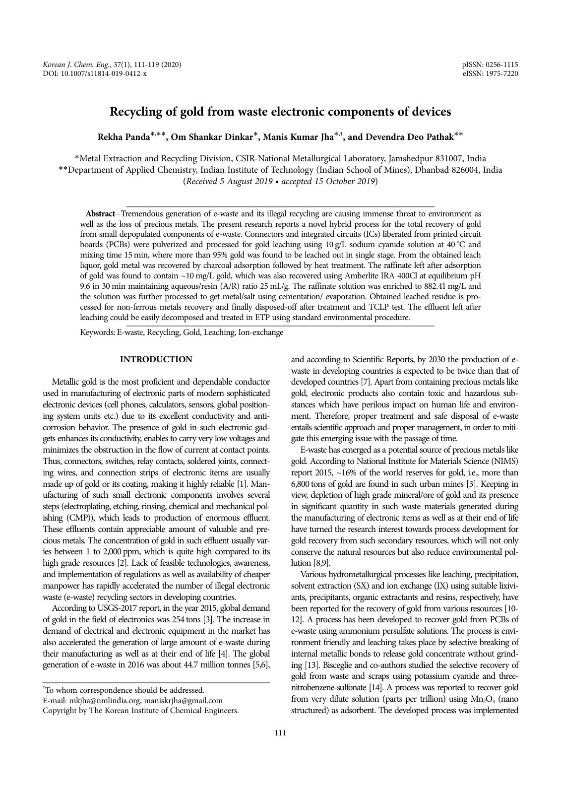 First page of Recycling of gold from waste electronic