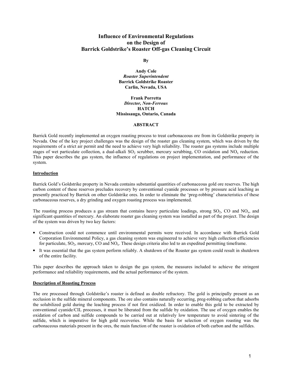 First page of HP0000562 (Influence of Enviro Regs on Design of Barrick Goldstrike Roaster Offgas Cleaning Circuit