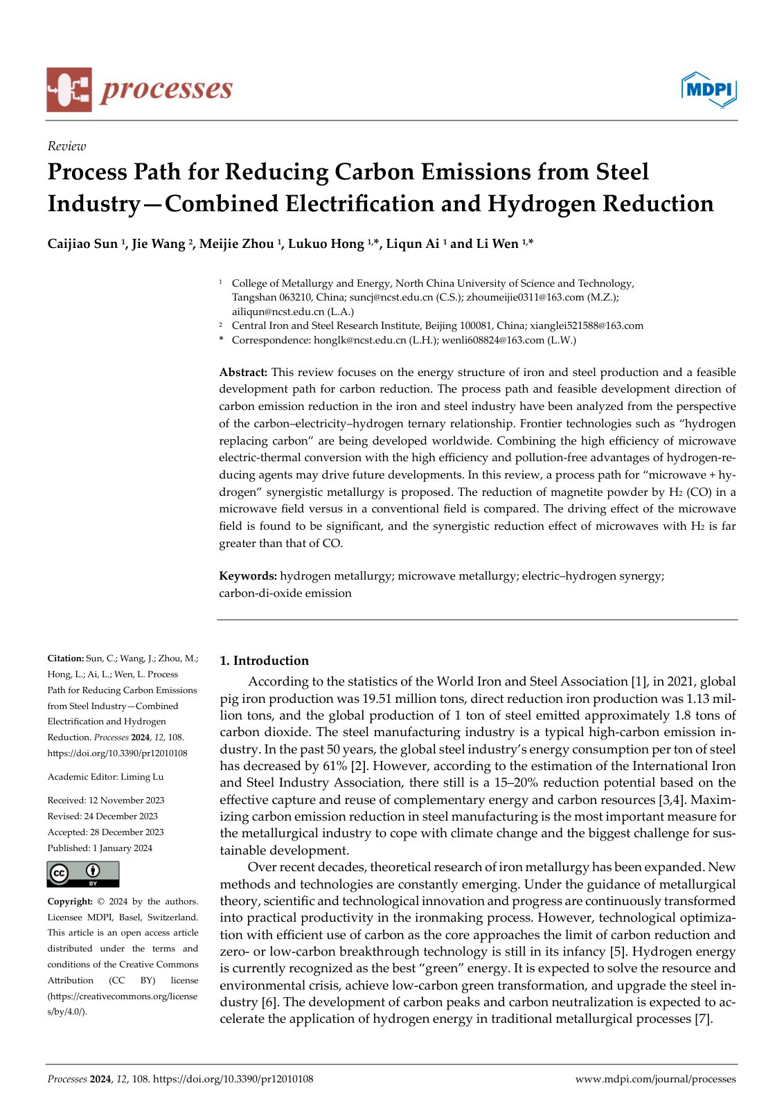 First page of Processes 2024, 12, 108. https://doi.org/10.3390/pr12010108