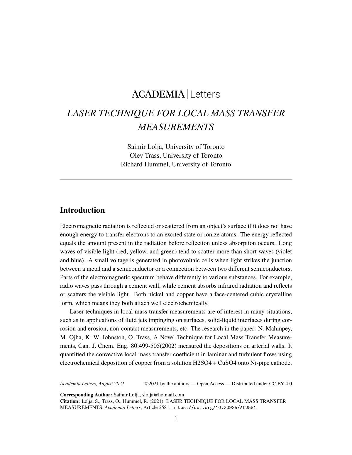 First page of LASER TECHNIQUE FOR LOCAL MASS TRANSFER
