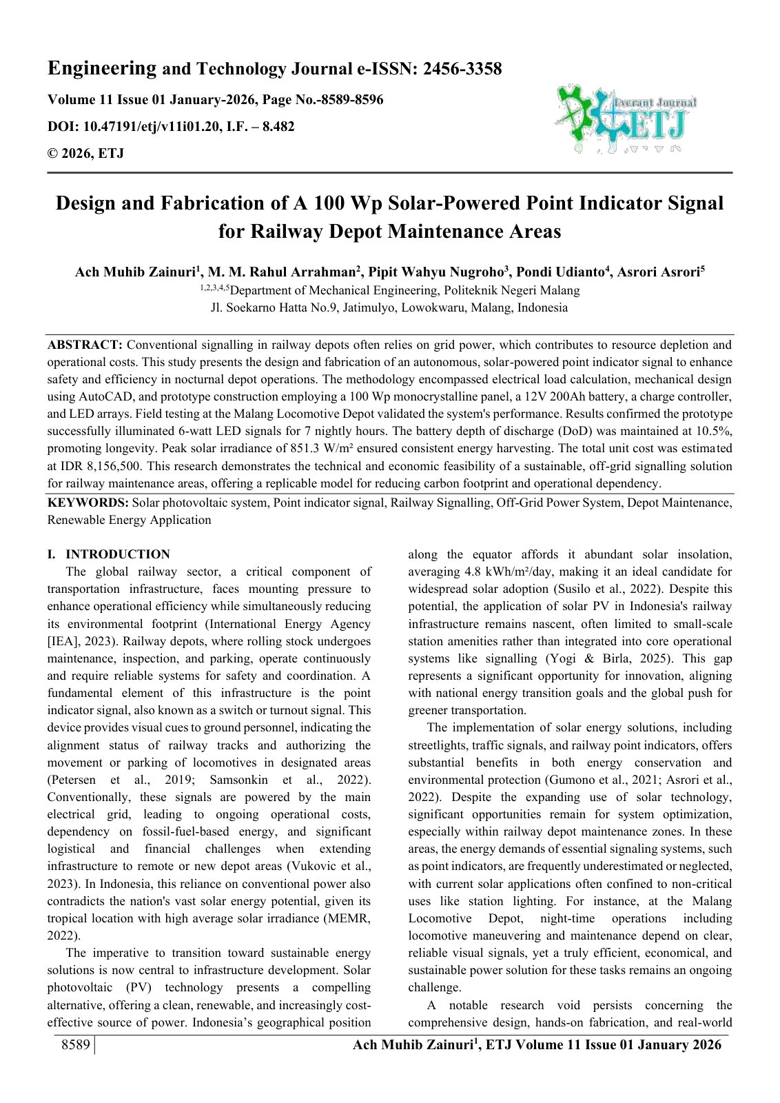 First page of Design and Fabrication of A 100 Wp Solar-Powered Point Indicator Signal  for Railway Depot Maintenance Areas 