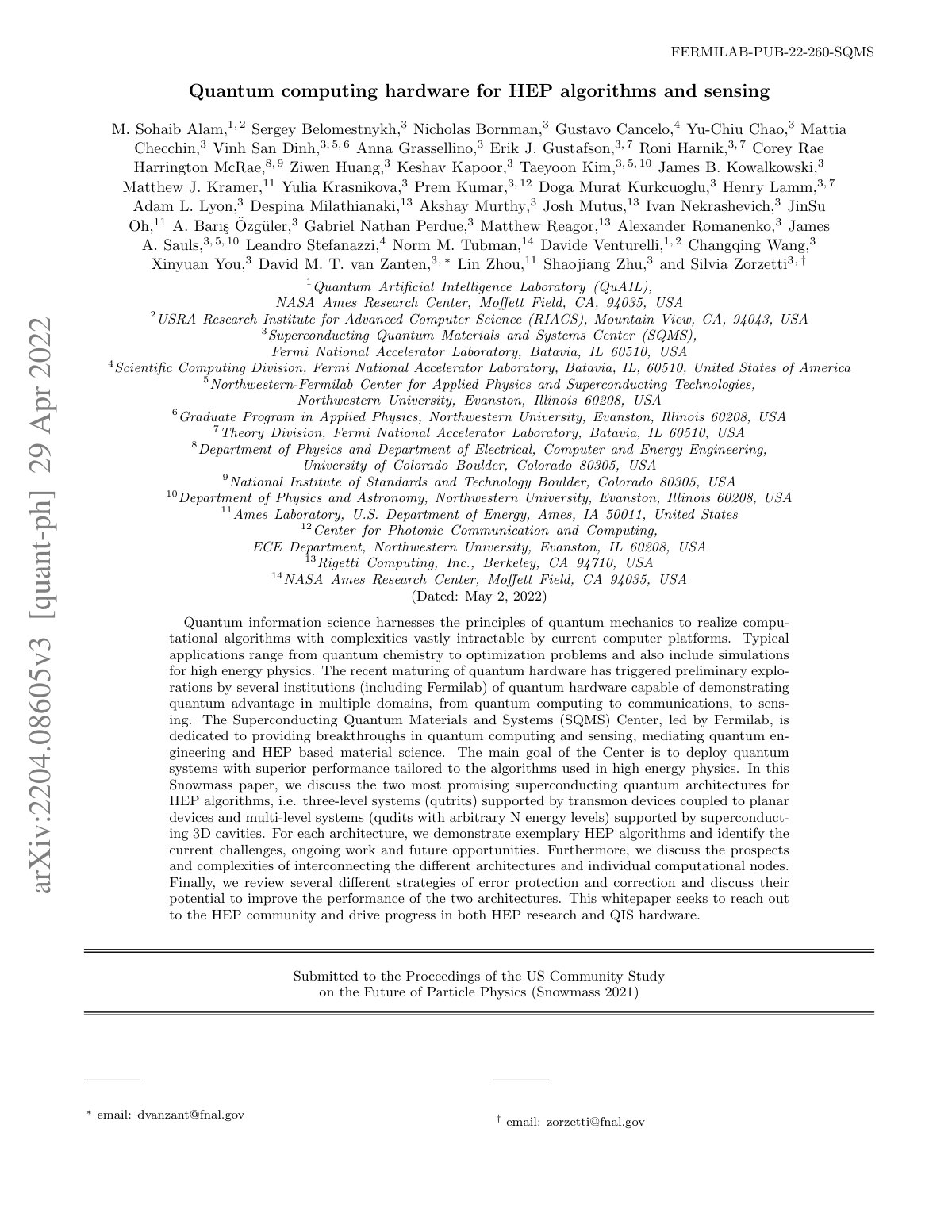 First page of Quantum computing hardware for HEP algorithms and sensing