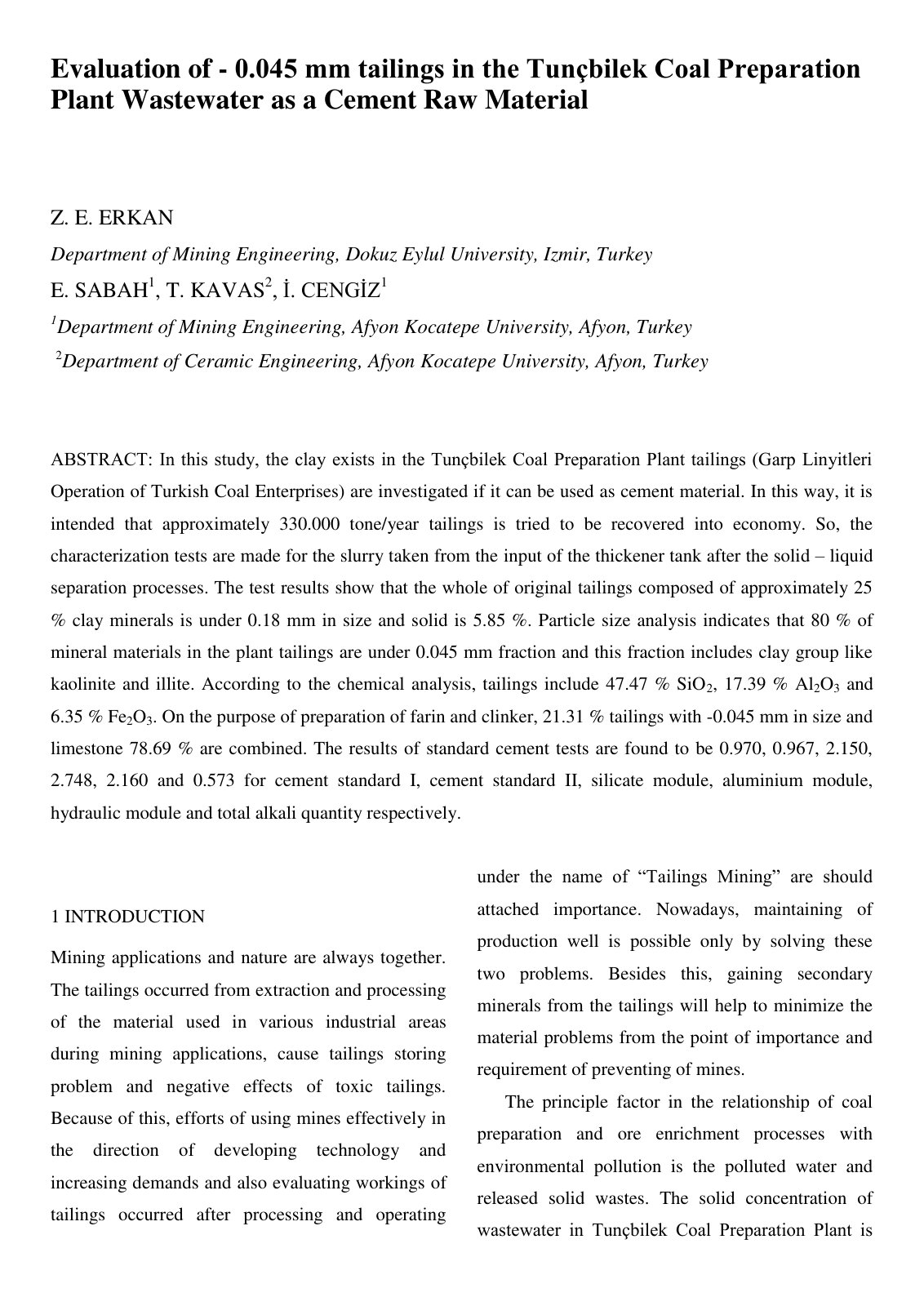 First page of Evaluation of - 0.045 mm tailings in the Tunçbilek Coal Preparation Plant Wastewater as a Cement Raw Material