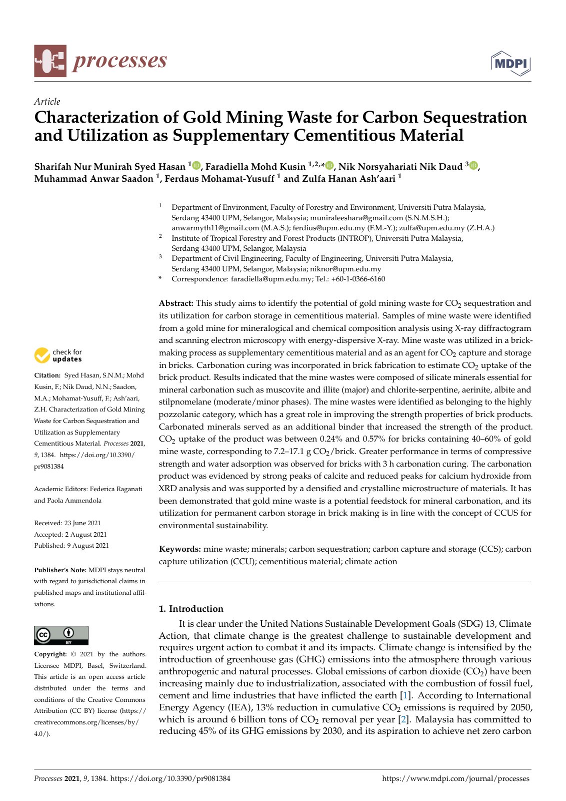 First page of Characterization of Gold Mining Waste for Carbon Sequestration and Utilization as Supplementary Cementitious Material