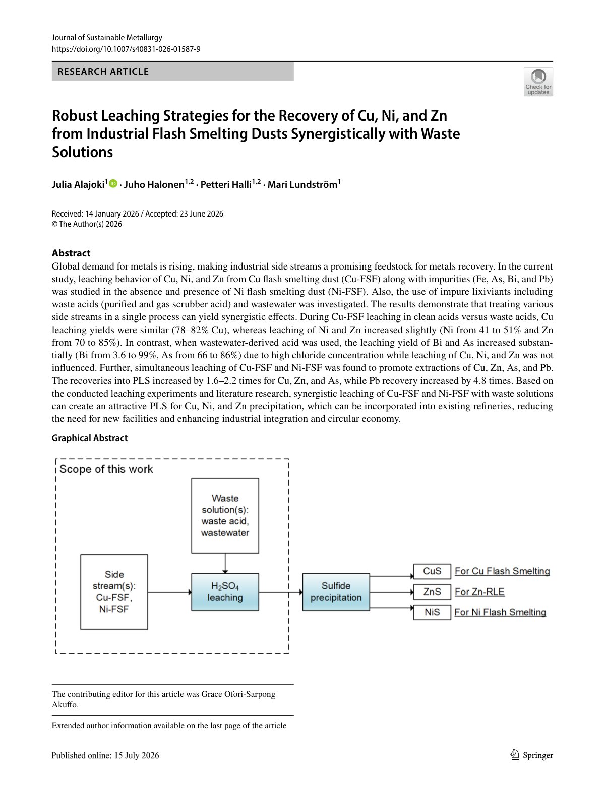 First page of 2026 Alajoki Cu Ni Zn Leaching Flash Smelting Dust