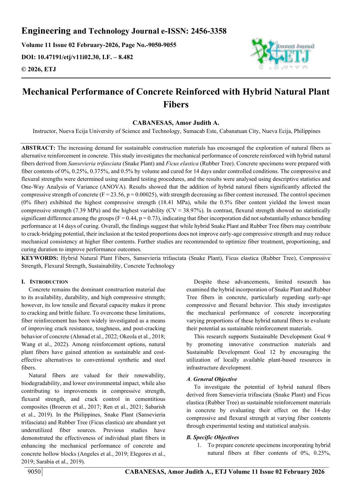 First page of Mechanical Performance of Concrete Reinforced with Hybrid Natural Plant  Fibers  