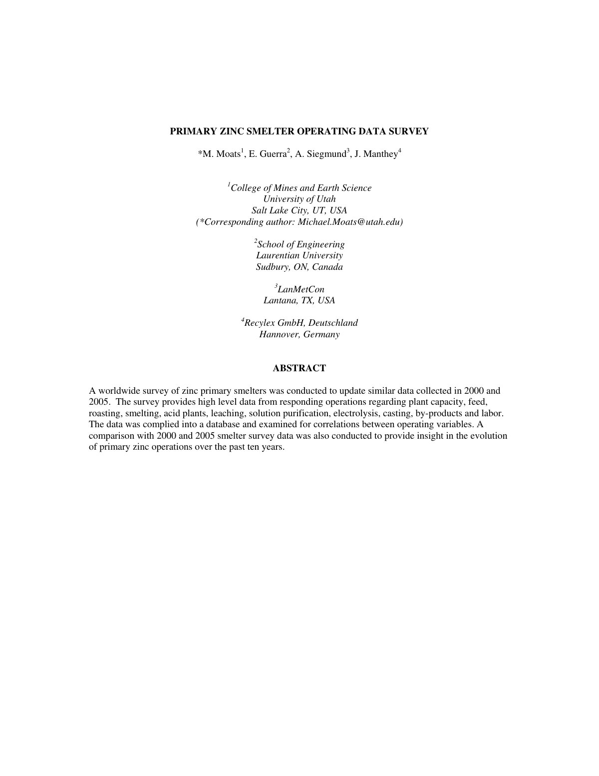 First page of 2010 Zinc Smelter Survey