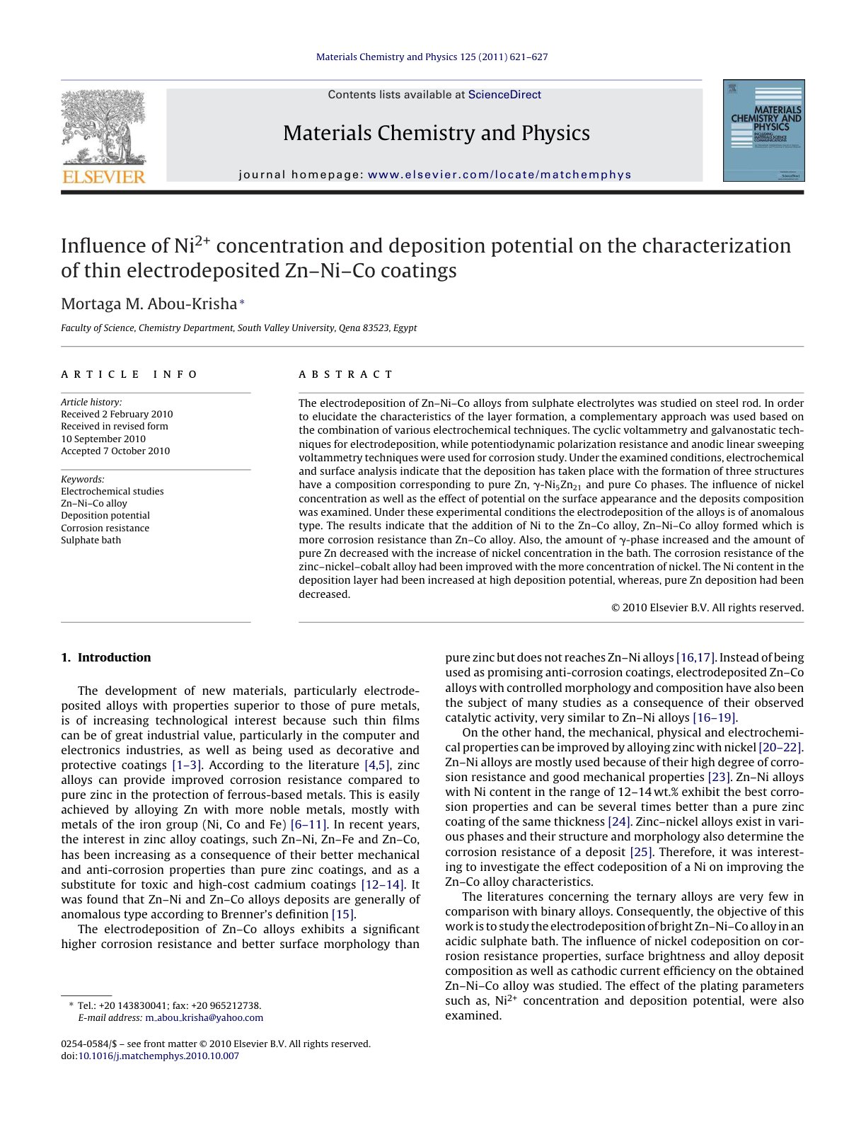 First page of Inﬂuence of Ni 2+ concentration and deposition potential on the characterization of thin electrodeposited Zn–Ni–Co coatings