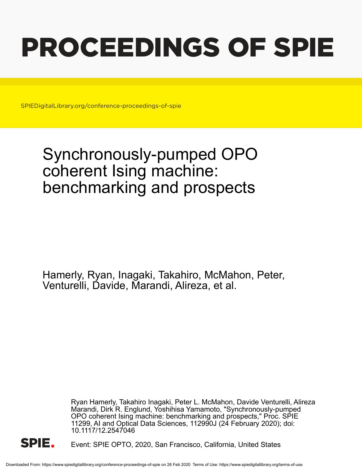 First page of Synchronously-pumped OPO coherent Ising machine: benchmarking and prospects