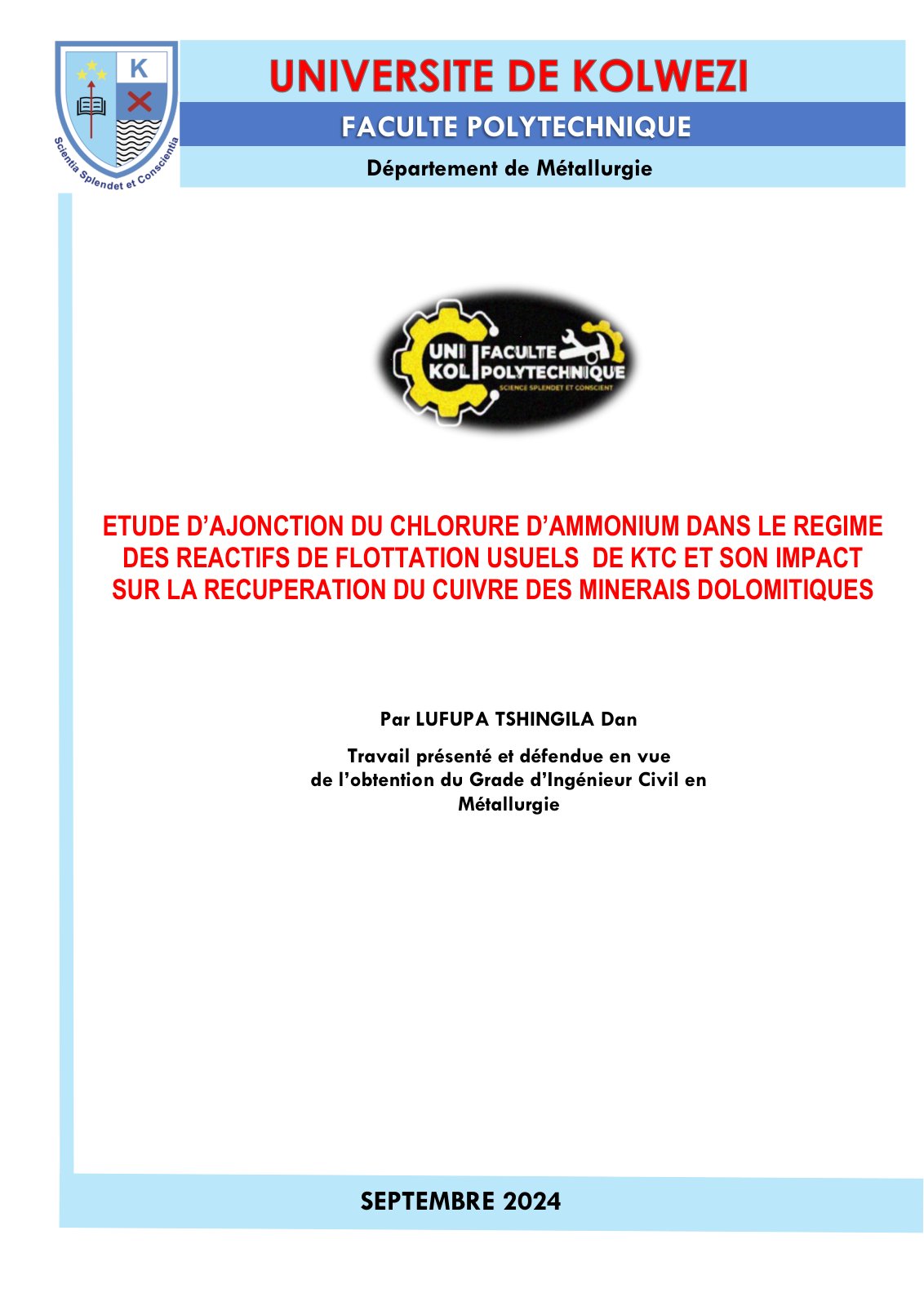 First page of 835195043 Memoire sur la flotation