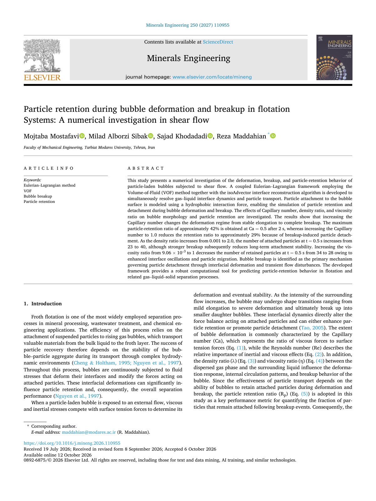 First page of Particle retention during bubble deformation and breakup in  2027 Minerals E