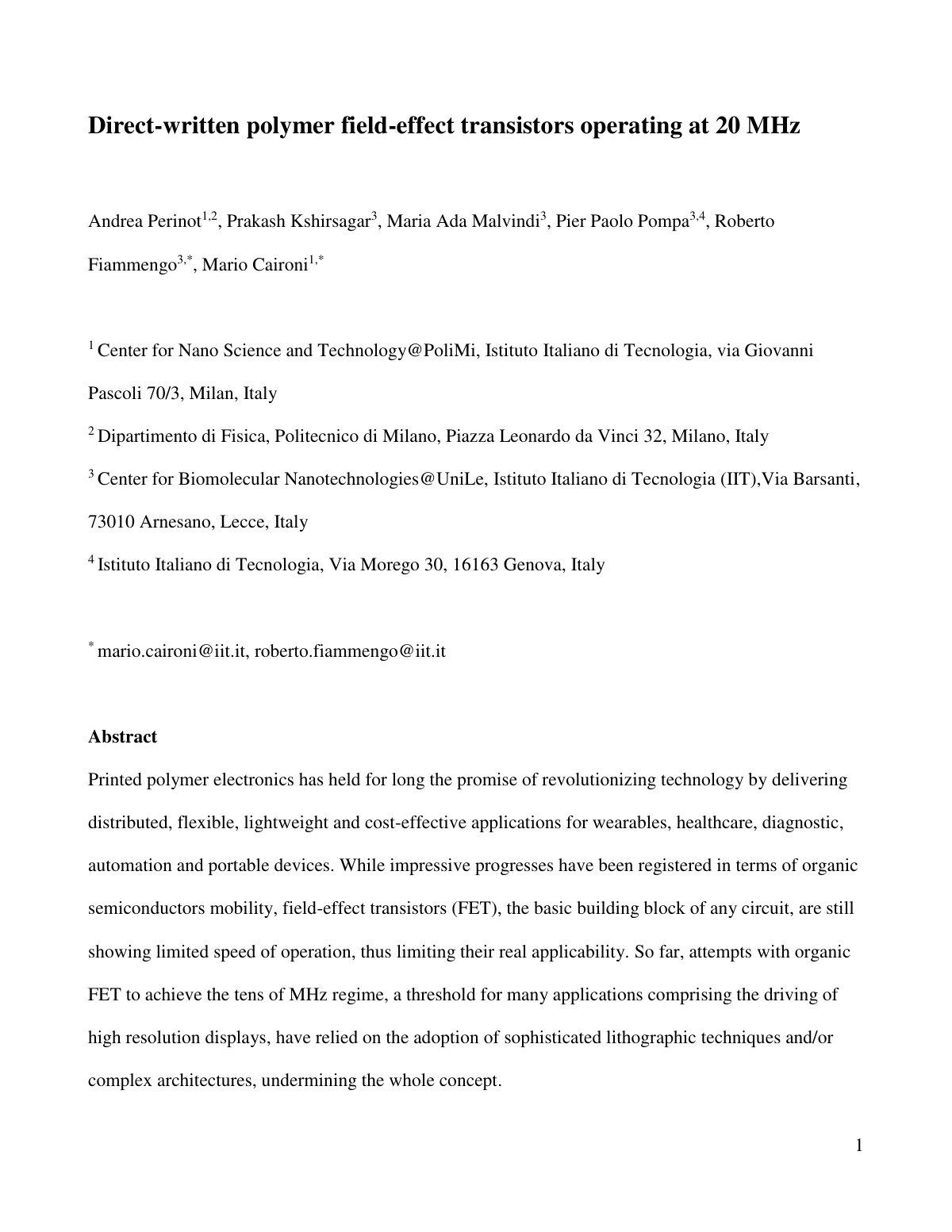 First page of Direct-written polymer field-effect transistors operating at 20 MHz