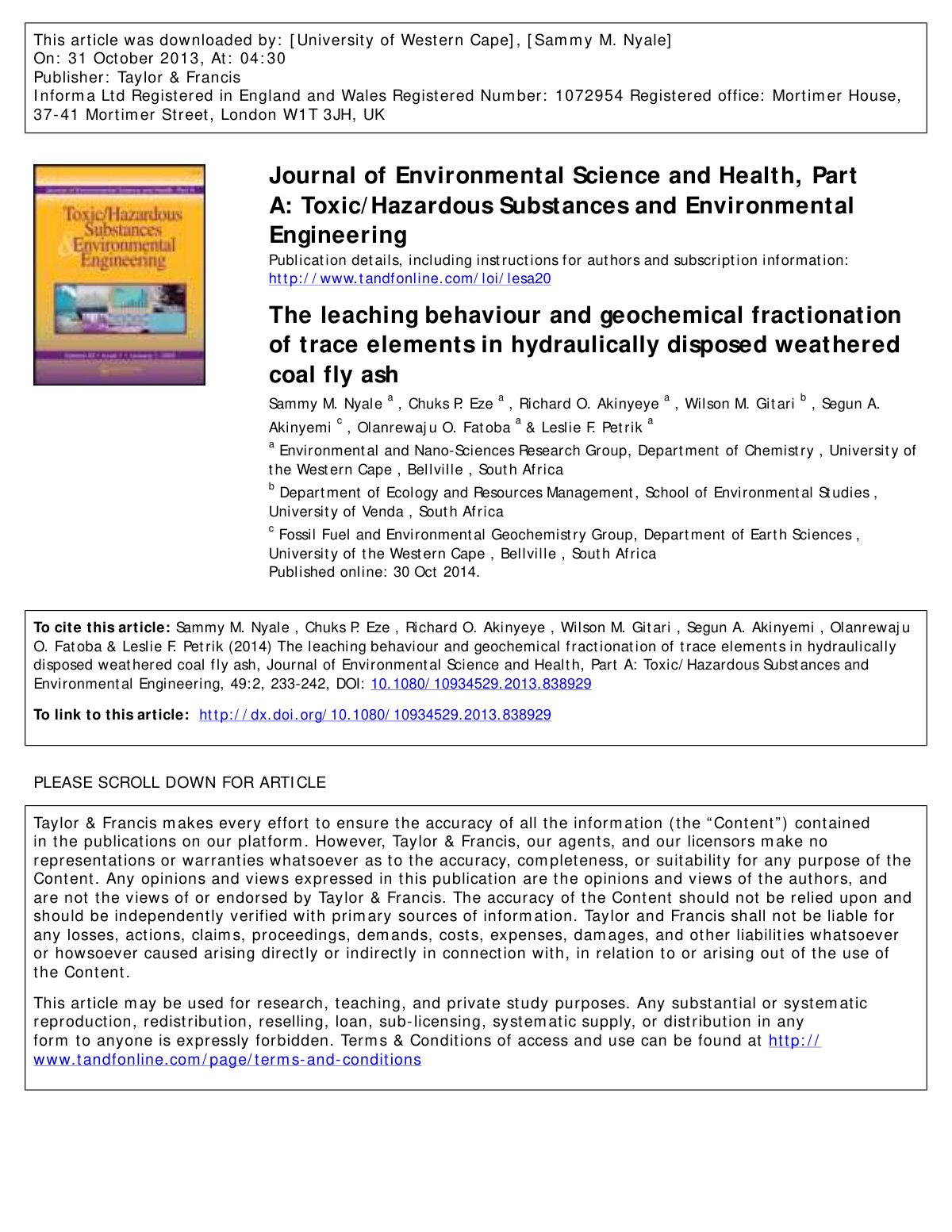First page of The leaching behaviour and geochemical fractionation of trace elements in hydraulically disposed weathered coal fly ash