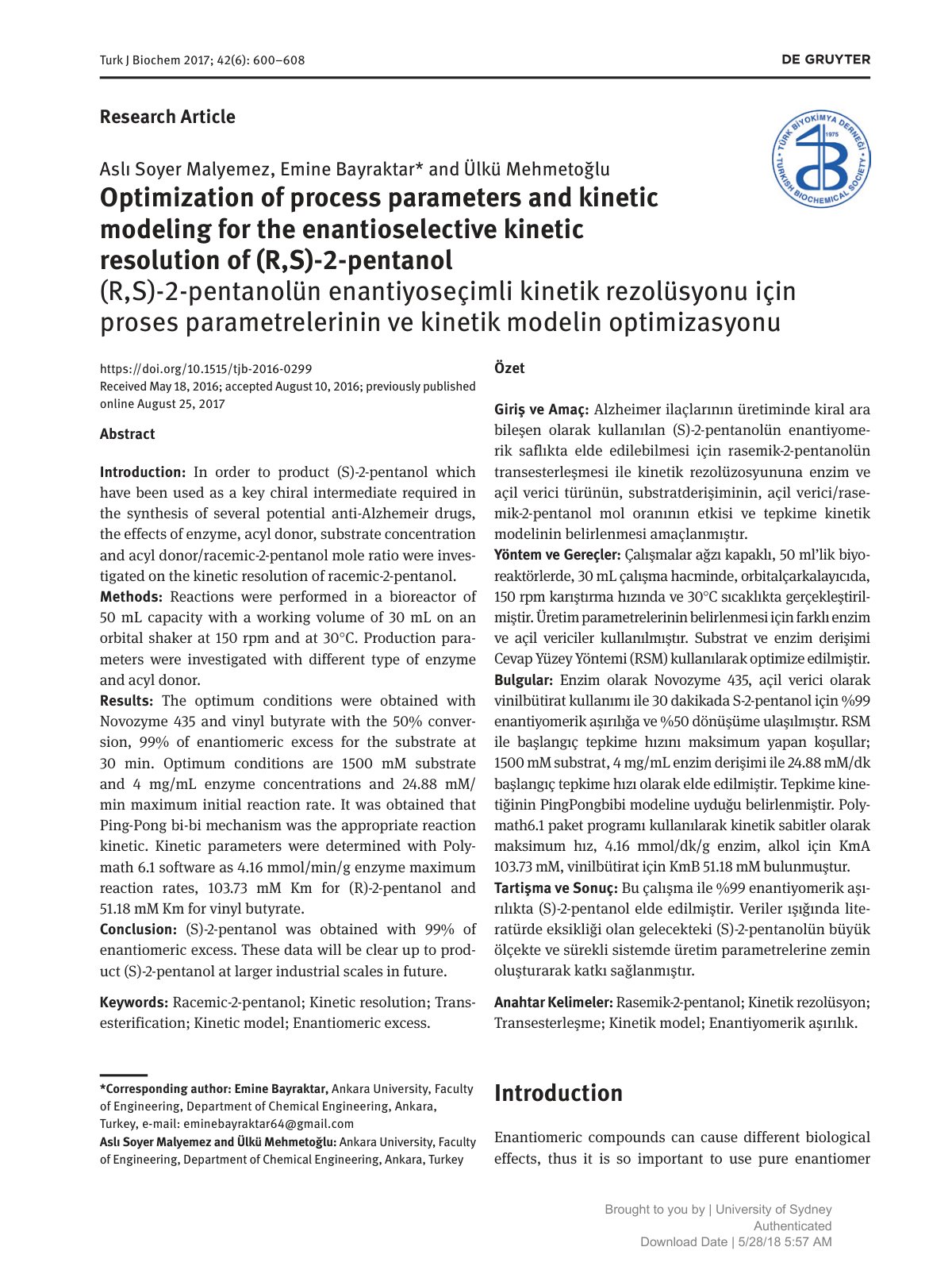 First page of Optimization of process parameters and k