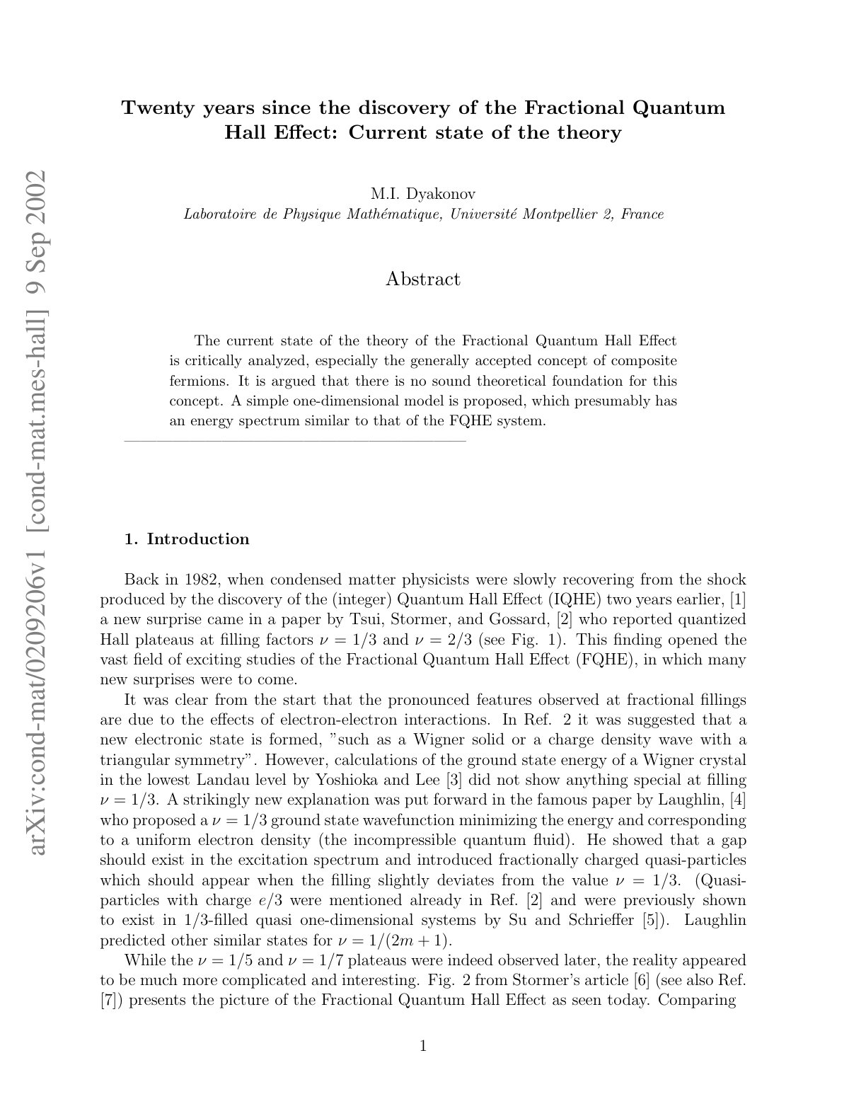 First page of Twenty years since the discovery of the Fractional Quantum Hall Eﬀect: Current state of the theory