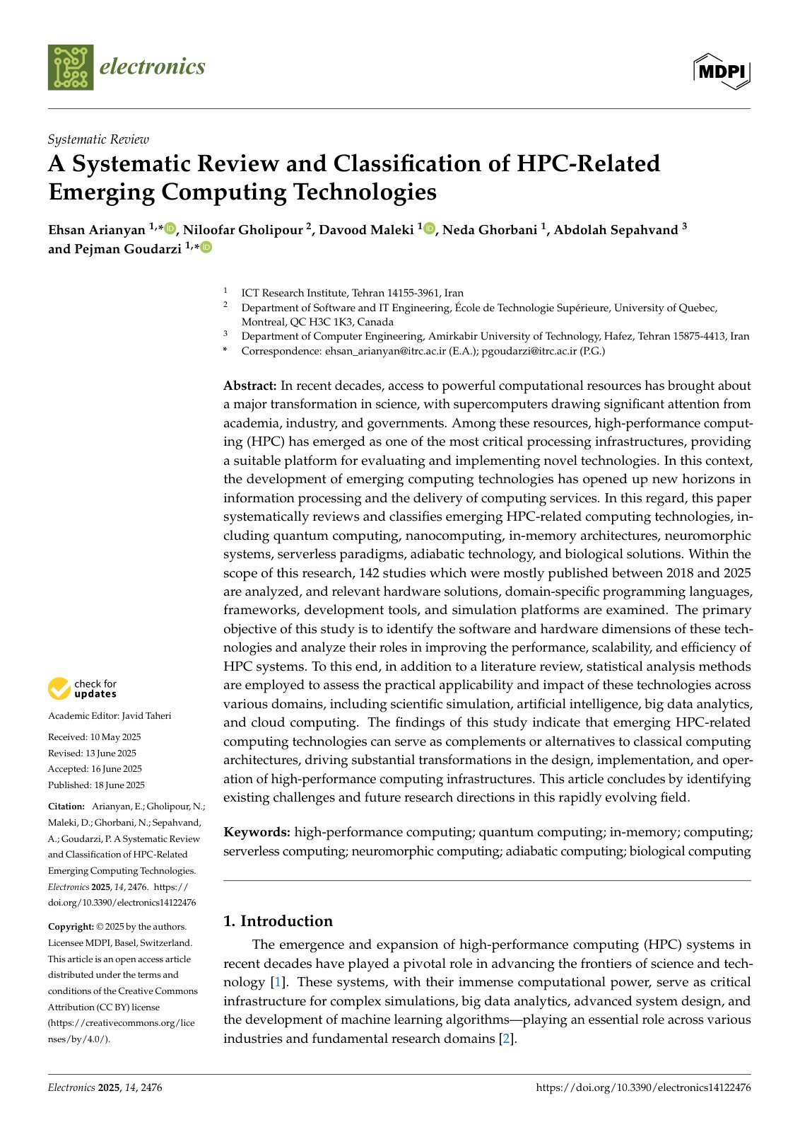 First page of A Systematic Review and Classification of HPC-Related Emerging Computing Technologies