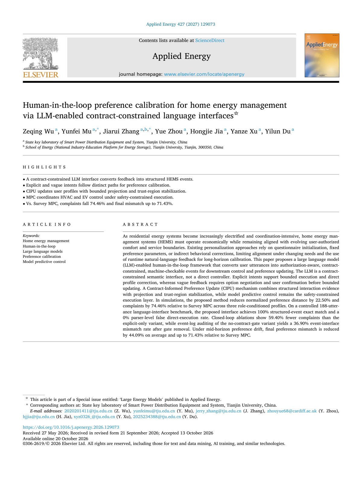 First page of Human in the loop preference calibration for home energy manage 2027 Applied