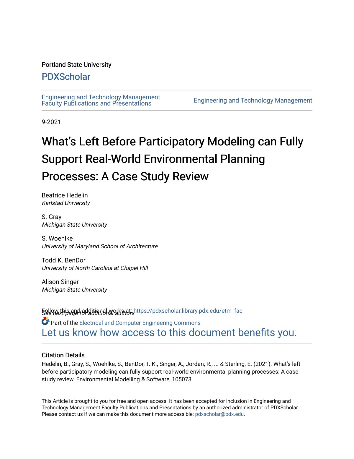 First page of What’s Left Before Participatory Modeling can Fully Support Real-World Environmental Planning Processes: A Case Study Review