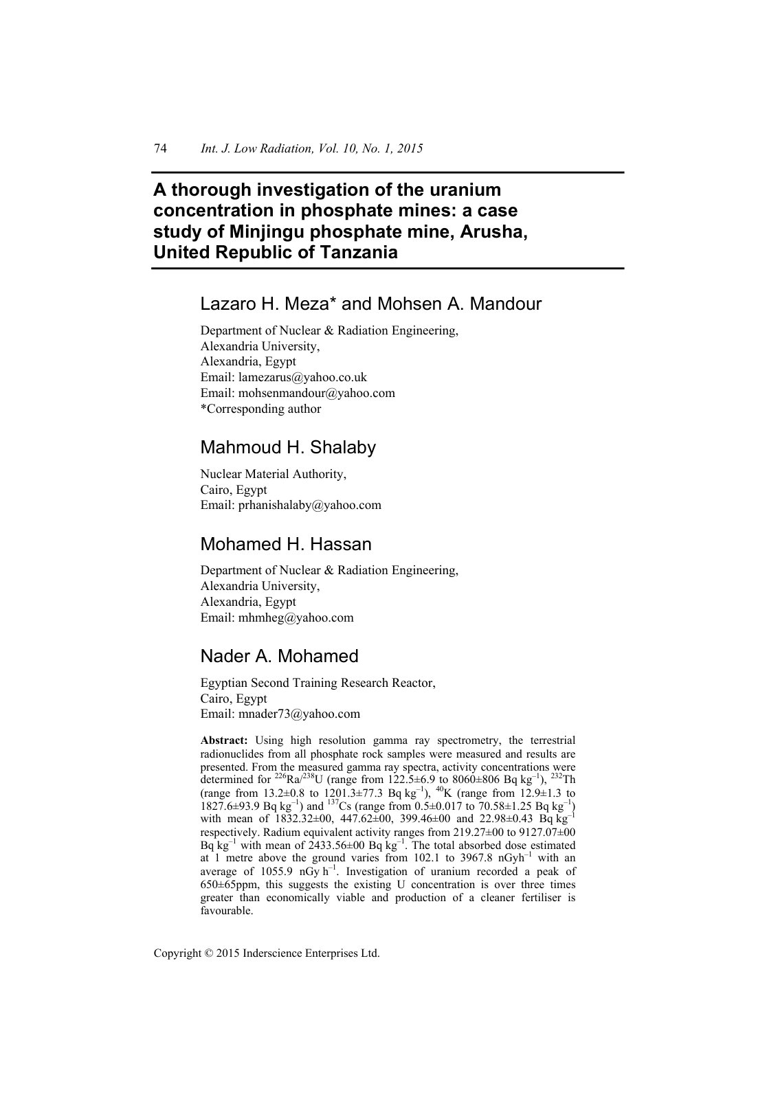 First page of A thorough investigation of the uranium concentration in phosphate mines: a case study of Minjingu phosphate mine, Arusha, United Republic of Tanzania
