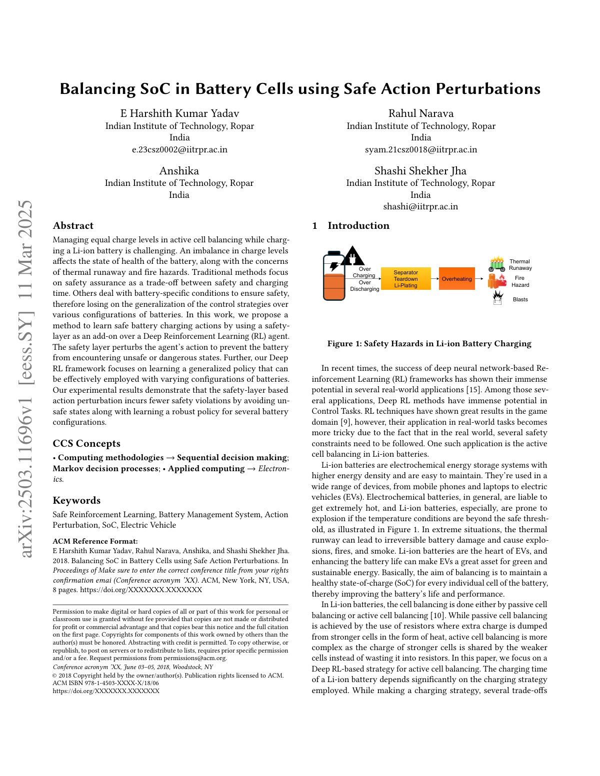 First page of Balancing SoC in Battery Cells using Safe Action Perturbations