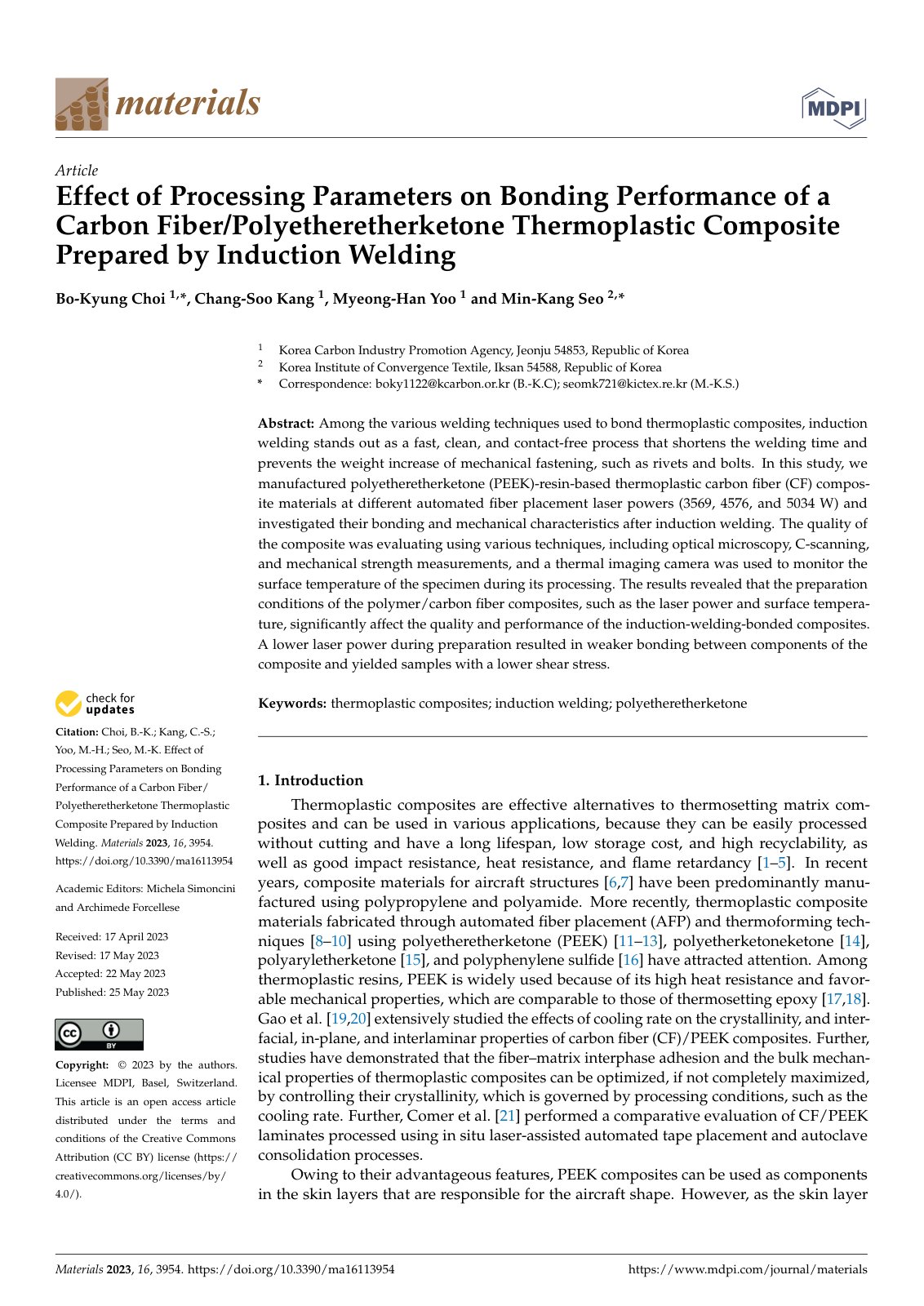 First page of Effect of Processing Parameters on Bonding Performance of a Carbon Fiber/Polyetheretherketone Thermoplastic Composite Prepared by Induction Welding
