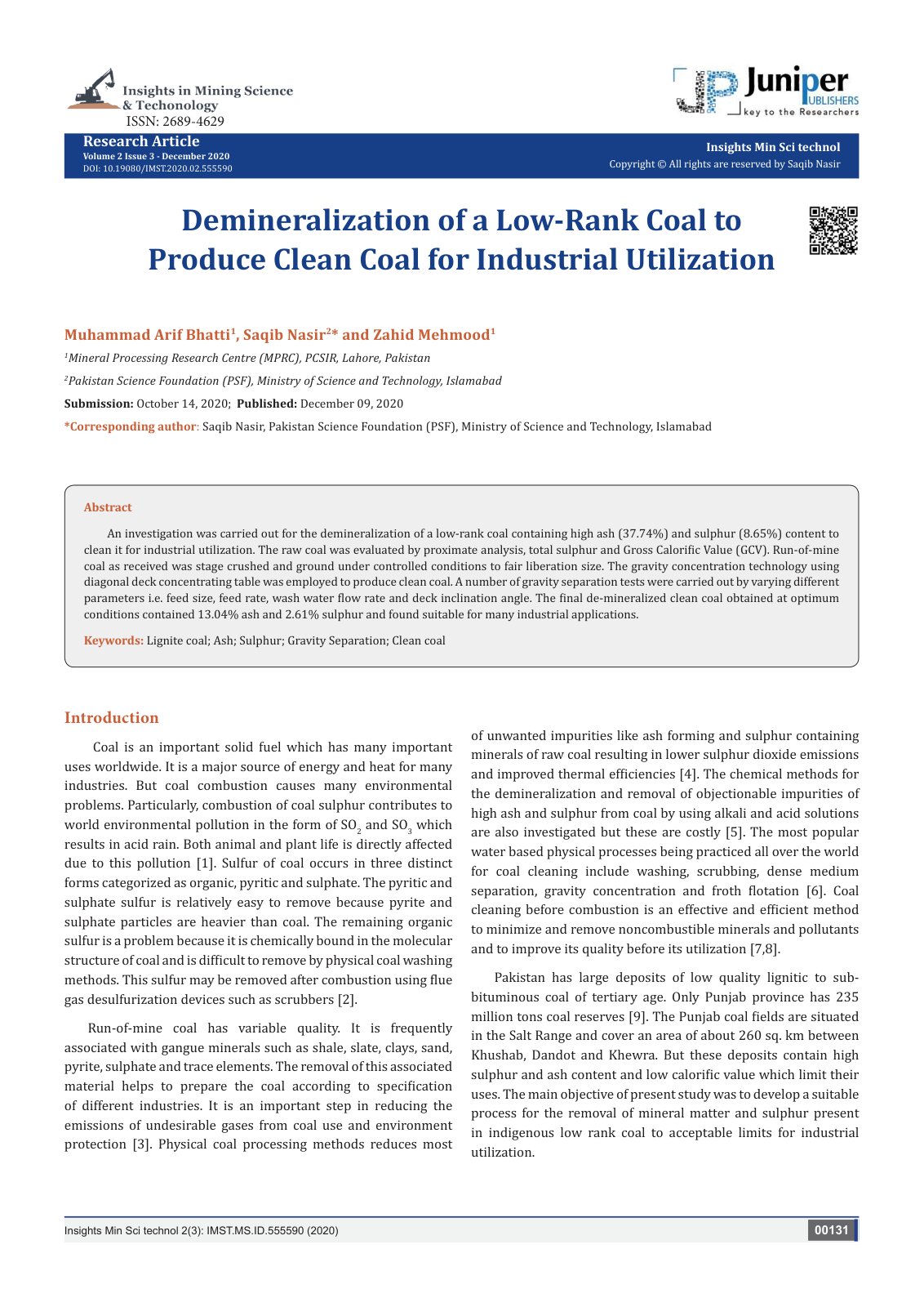 First page of Demineralization of a Low Rank Coal to P