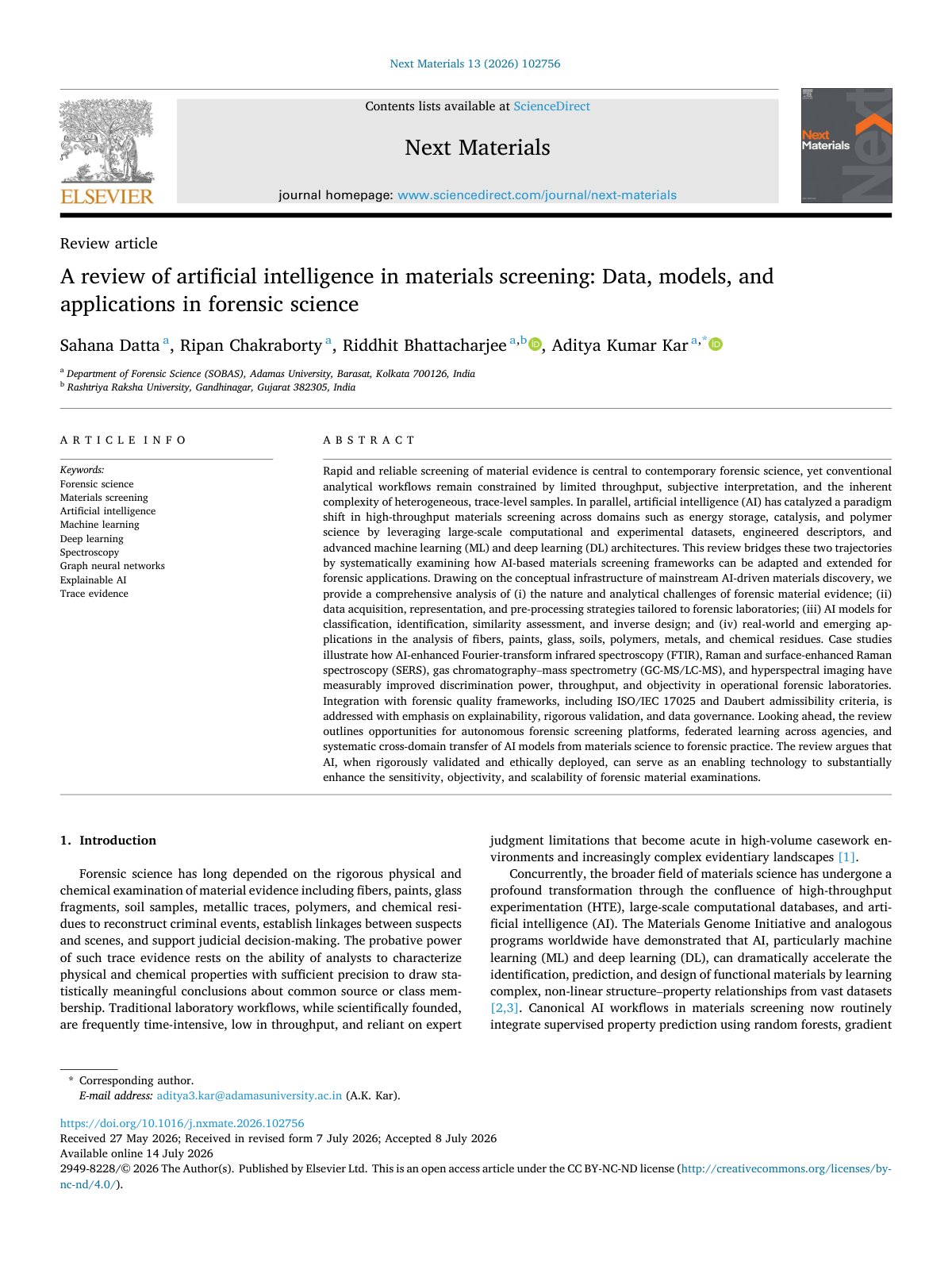 First page of A review of artificial intelligence in materials screening  Dat 2026 Next Ma