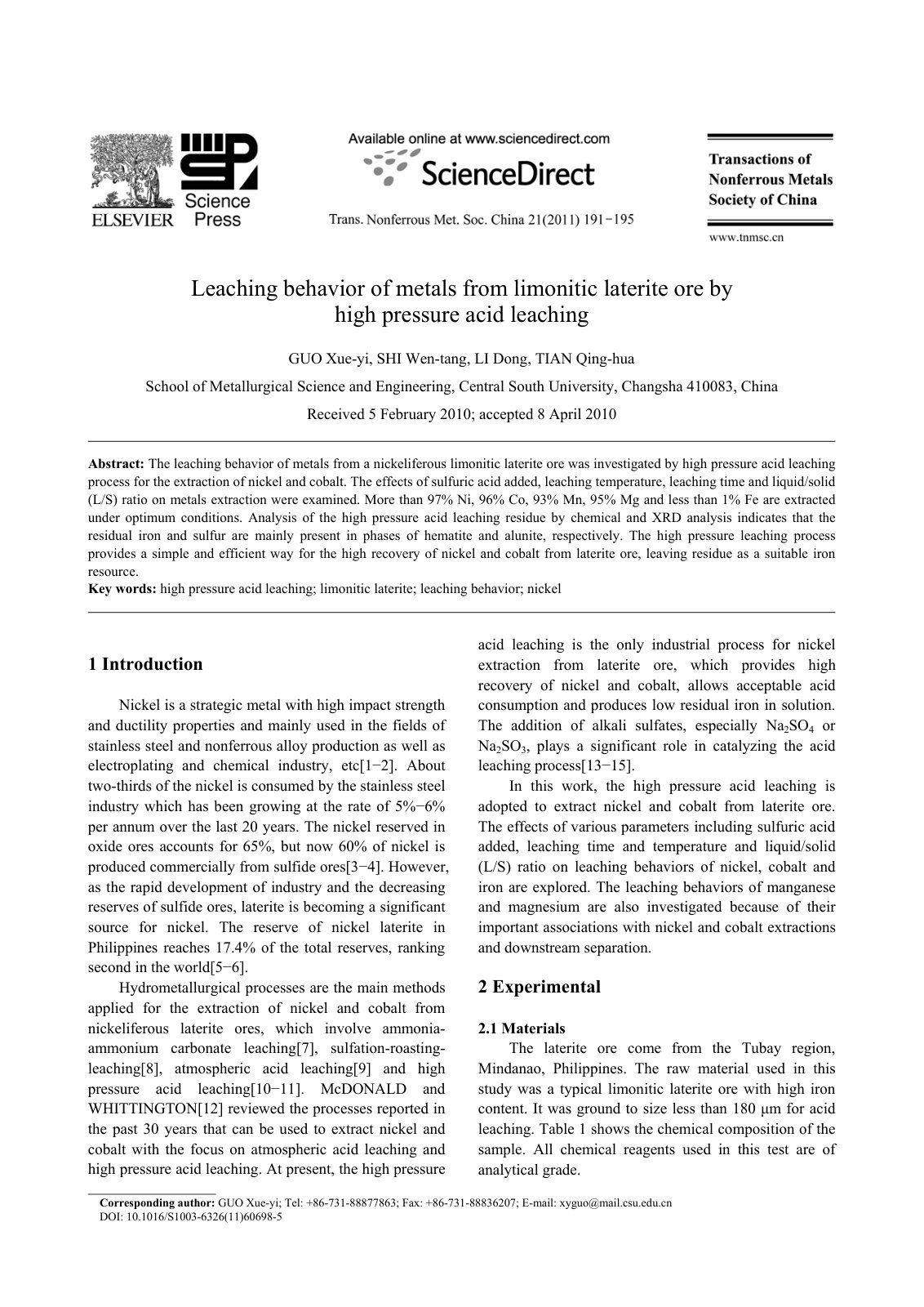 First page of Leaching behavior of metals from limonitic laterite ore by high pressure acid leaching
