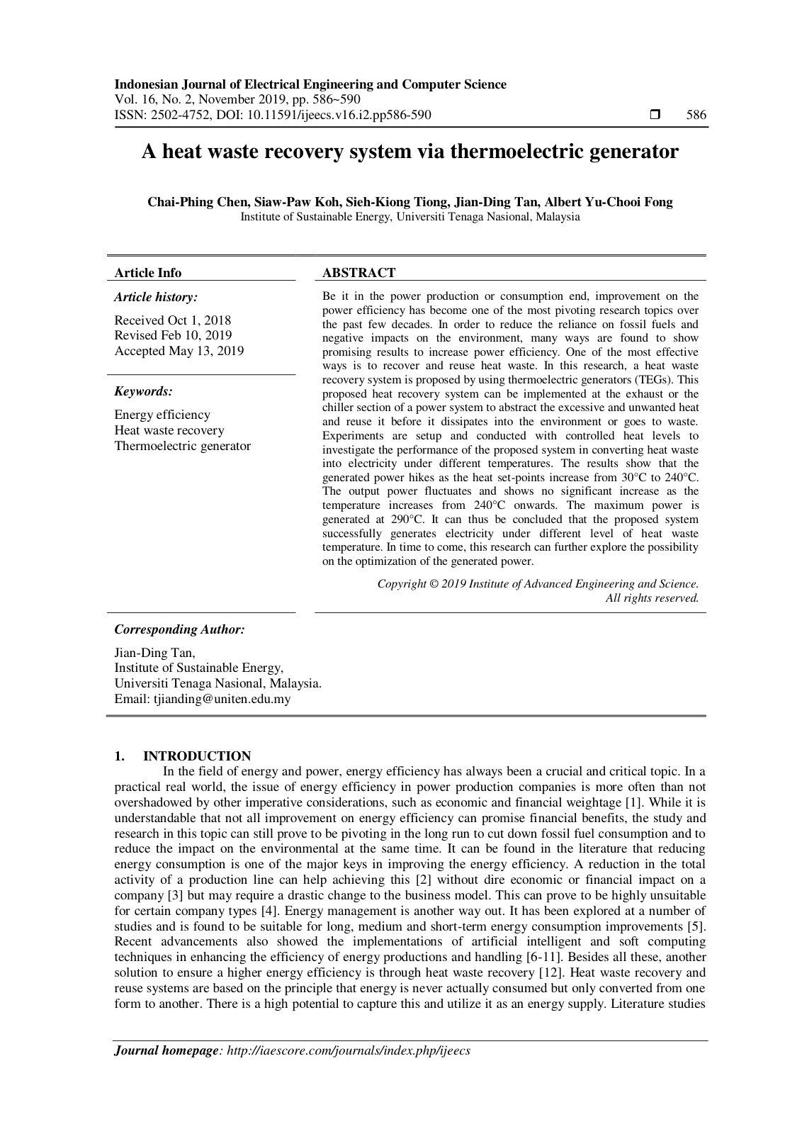 First page of A heat waste recovery system via thermoe
