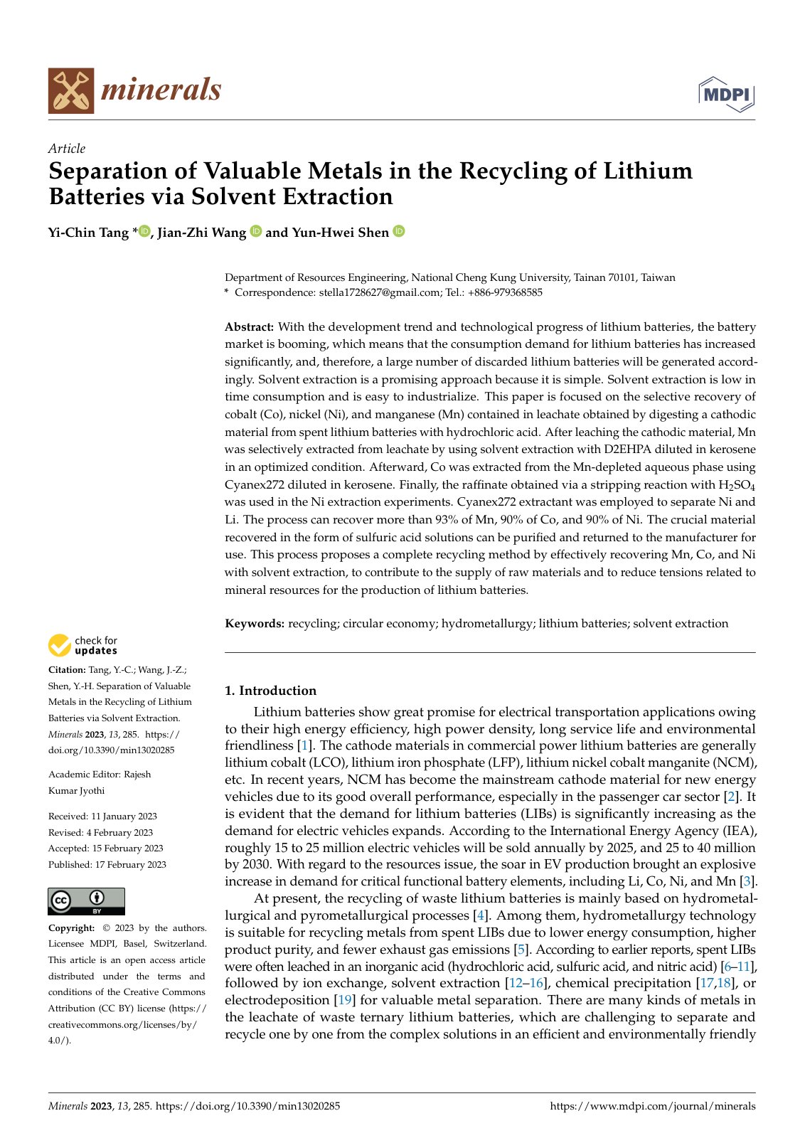 First page of Separation of Valuable Metals in The Rec