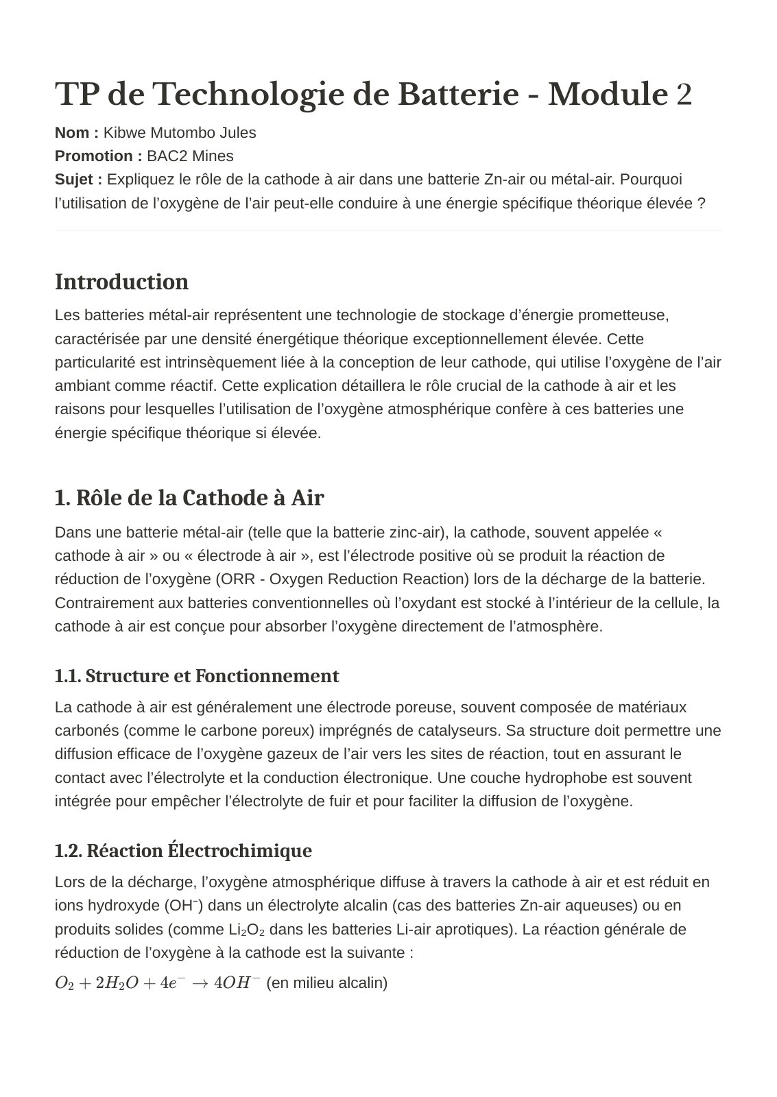 First page of Expliquez le rôle de la cathode à air dans une batterie Zn-air ou métal-air.