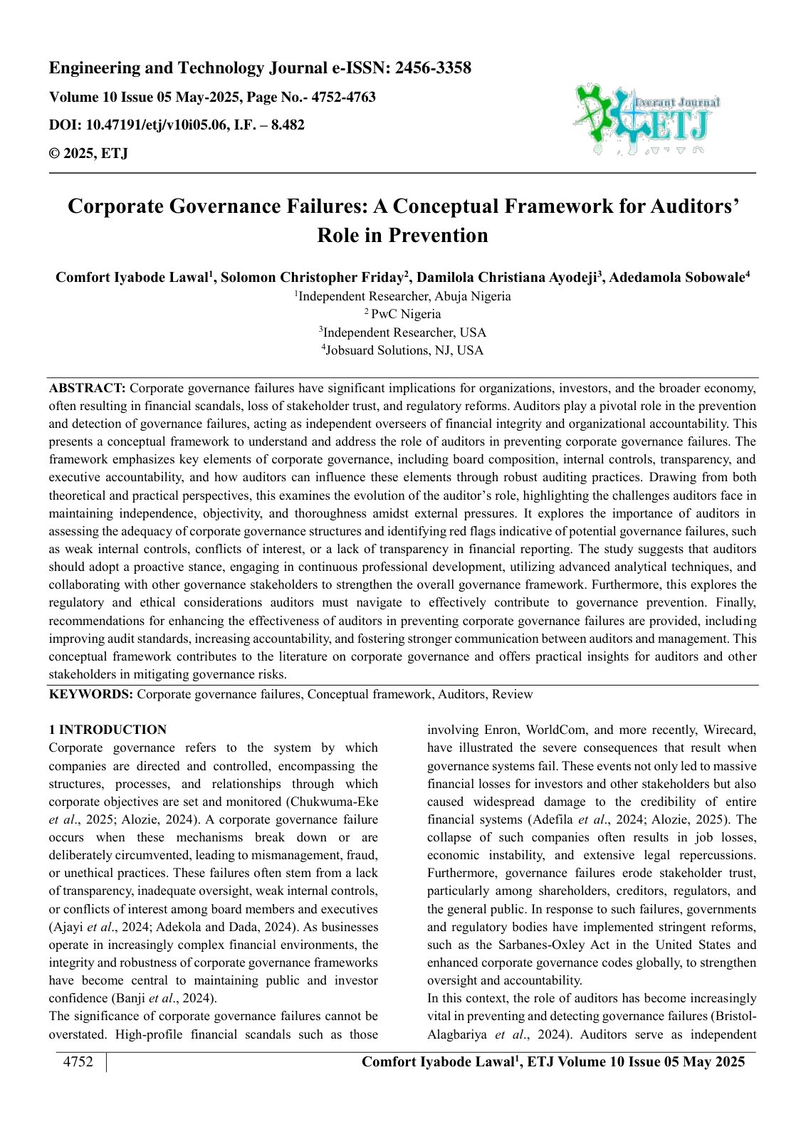 First page of Corporate Governance Failures: A Conceptual Framework for Auditors’  Role in Prevention  