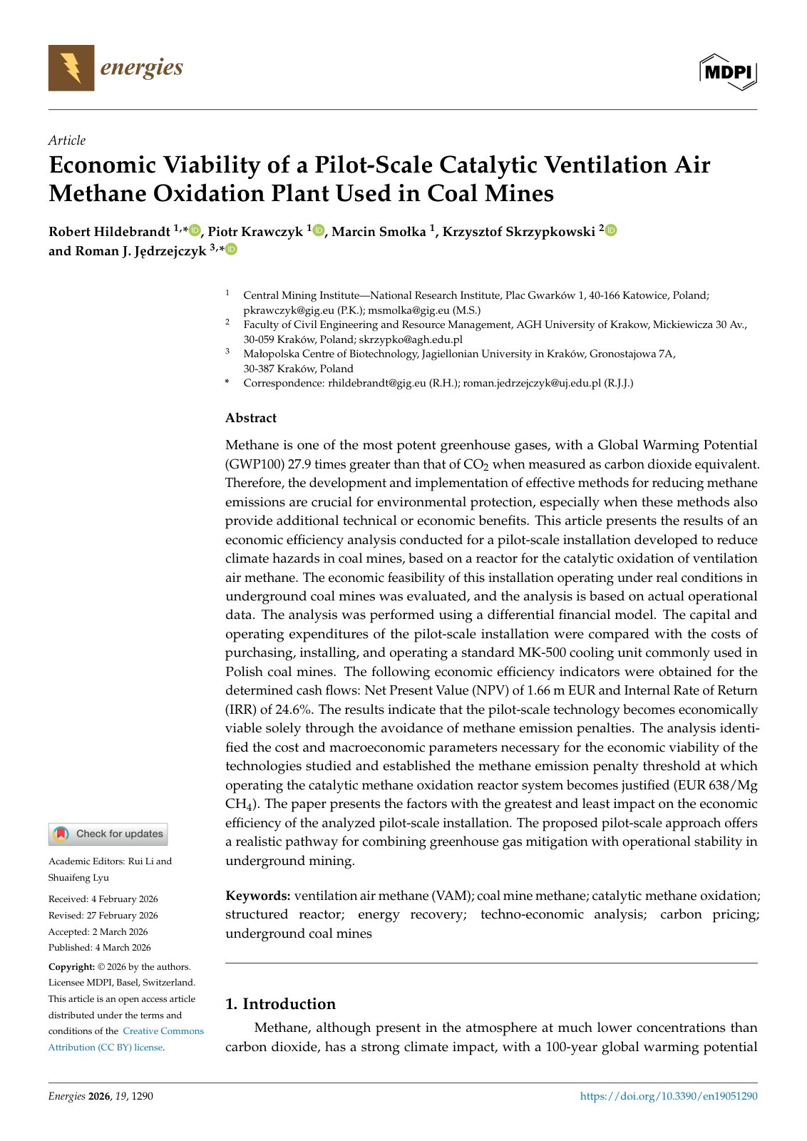 First page of Economic Viability of a Pilot Scale Catalytic Vent