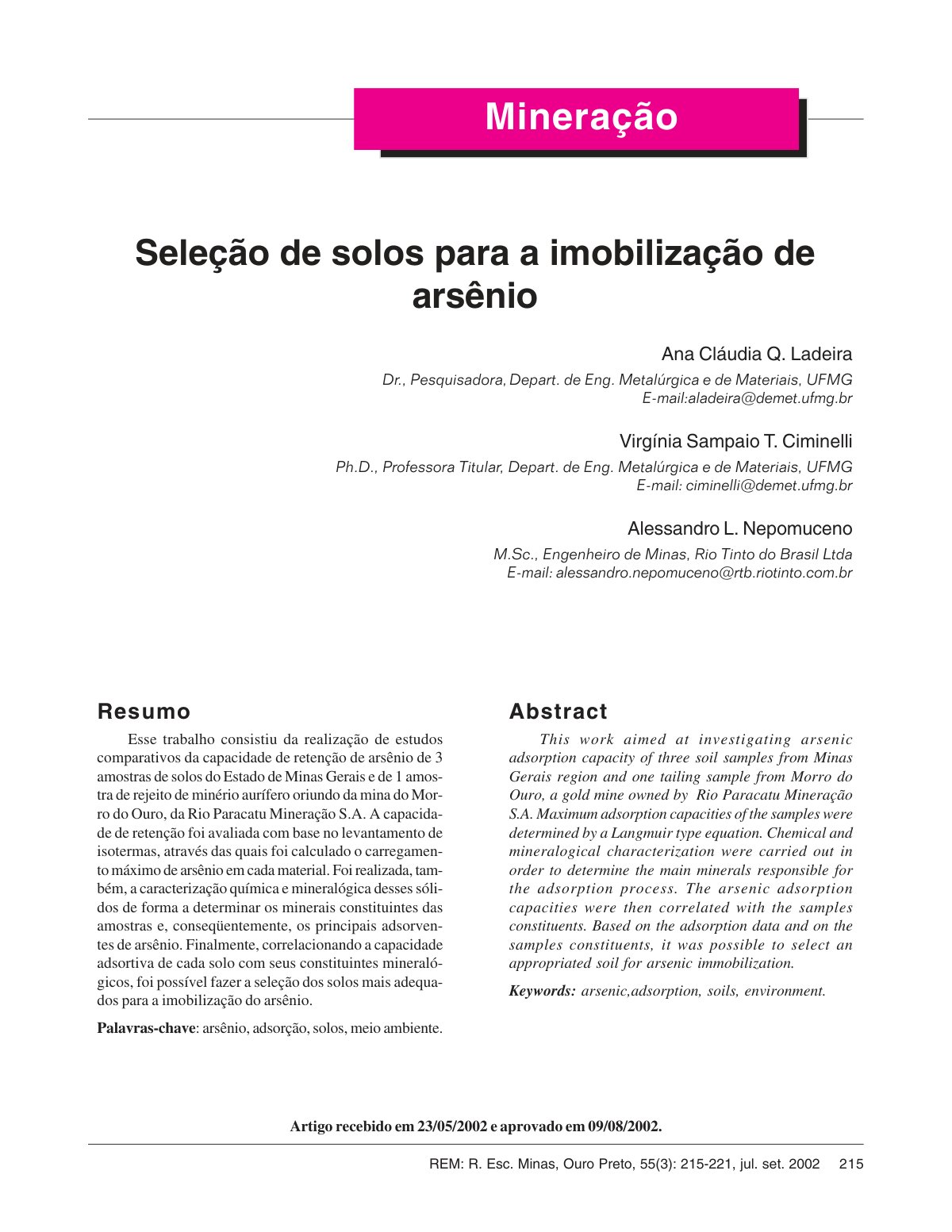 First page of Seleção de solos para a imobilização de arsênio