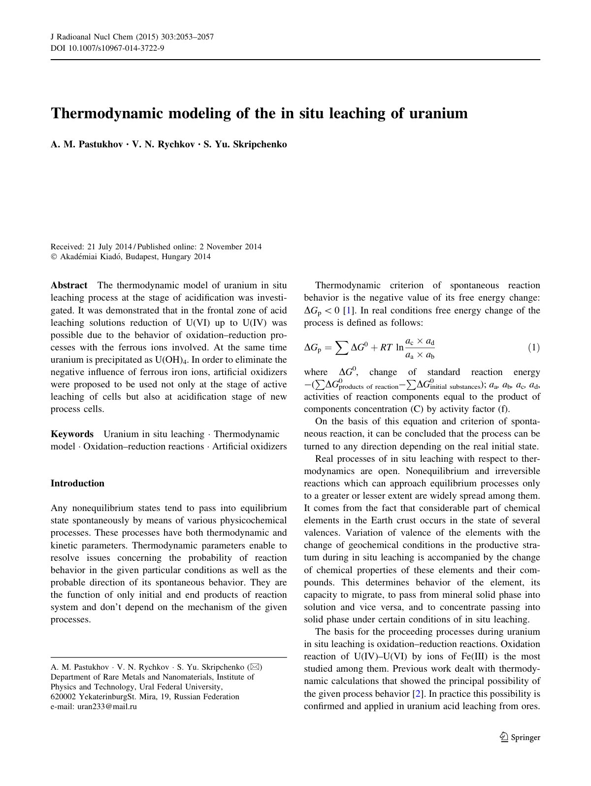 First page of Thermodynamic modeling of the in situ le